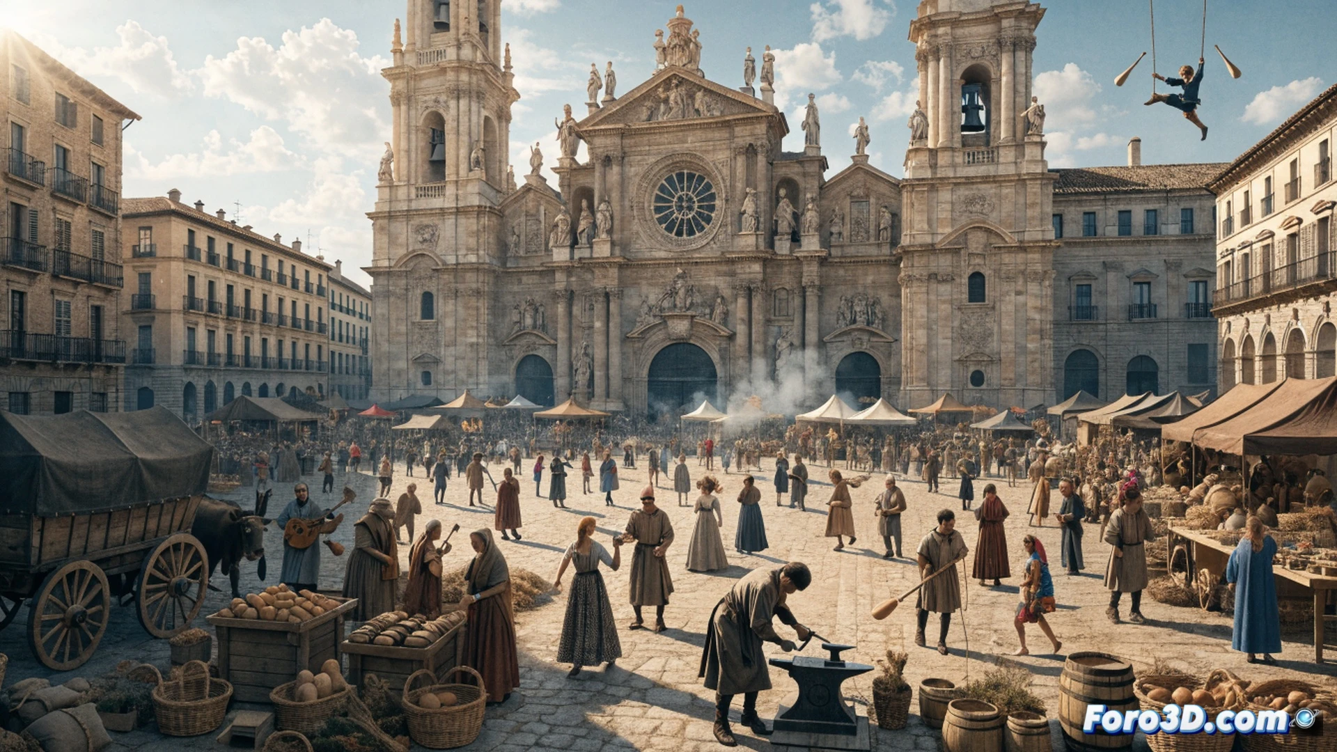 Vista aérea de la Plaza del Pilar transformada en mercado medieval, artesanos forjando hierro en yunque con chispas visibles durante demostración, puestos de madera con toldos de lona beige exhibiendo cerámica y cuchillos, actores con vestimenta de época manipulando herramientas de herrería, escenario de madera con músicos tocando laúd y tamboril, público interactuando en primer plano bajo luz dorada de atardecer, estilo cinematográfico fotorrealista, texturas rugosas de madera y piedra, profundidad de campo suave, iluminación dramática con sombras alargadas.