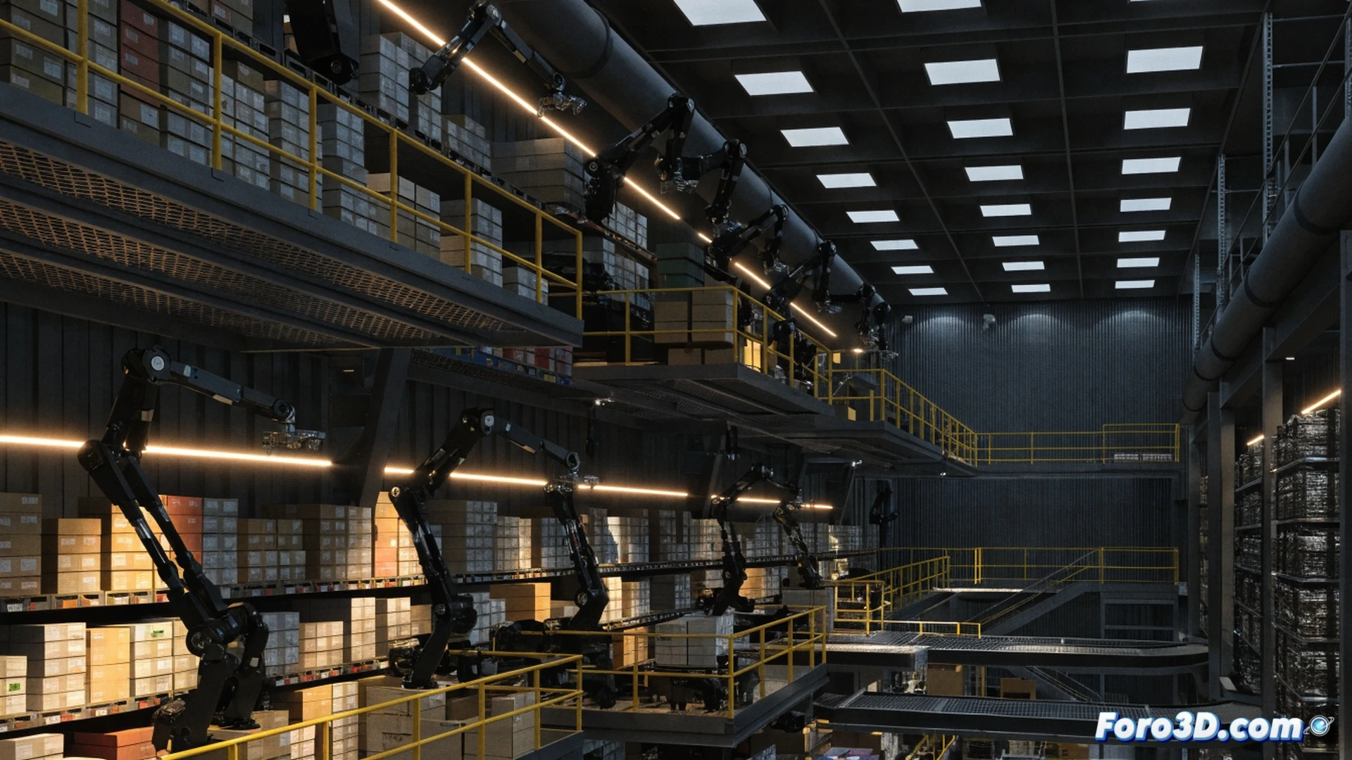 Automated warehouse interior showing orange robotic arms lifting yellow plastic crates from high metal shelves, conveyor belts moving packages in parallel lines, holographic order-processing interface floating above workers monitoring screens, bright LED lighting on polished concrete floor, glowing digital route maps projected on a central column, photorealistic technical illustration, cinematic industrial atmosphere, sharp focus on robotic grippers and crate labels, motion trails from fast-moving machinery, engineering visualization style, clean geometric composition, blue and orange color contrast
