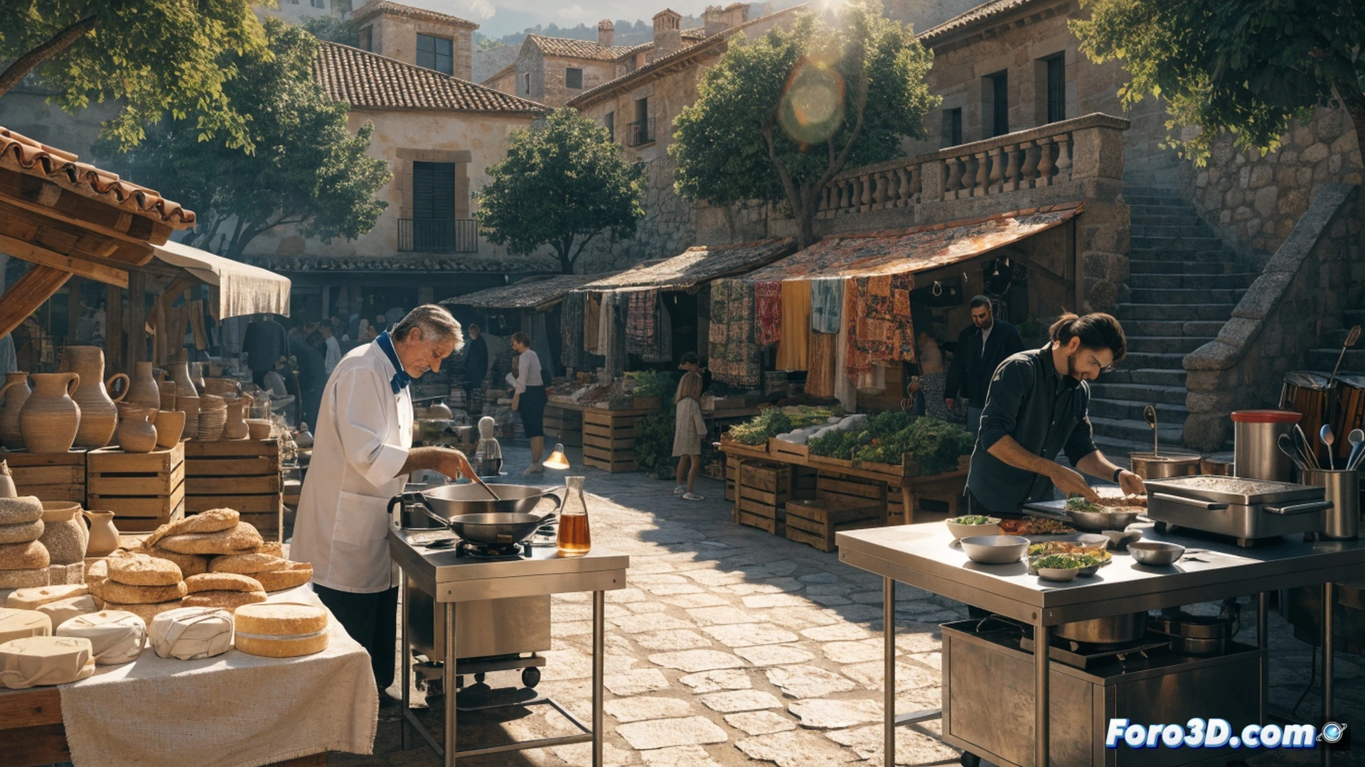 outdoor market scene in Barx, chefs Ricard Camarena and Ausiàs Signes performing live showcooking on a wooden stage, artisan cheese wheels and cured meats displayed on rustic tables, families tasting local wine from ceramic cups, musical band playing in the background, bright Mediterranean sunlight, stone-paved square with whitewashed buildings, colorful market stalls with handcrafted pottery, cinematic photorealistic style, warm golden hour lighting, shallow depth of field focusing on chefs slicing jamón ibérico, steam rising from paella pans, technical precision in food textures and fabric details