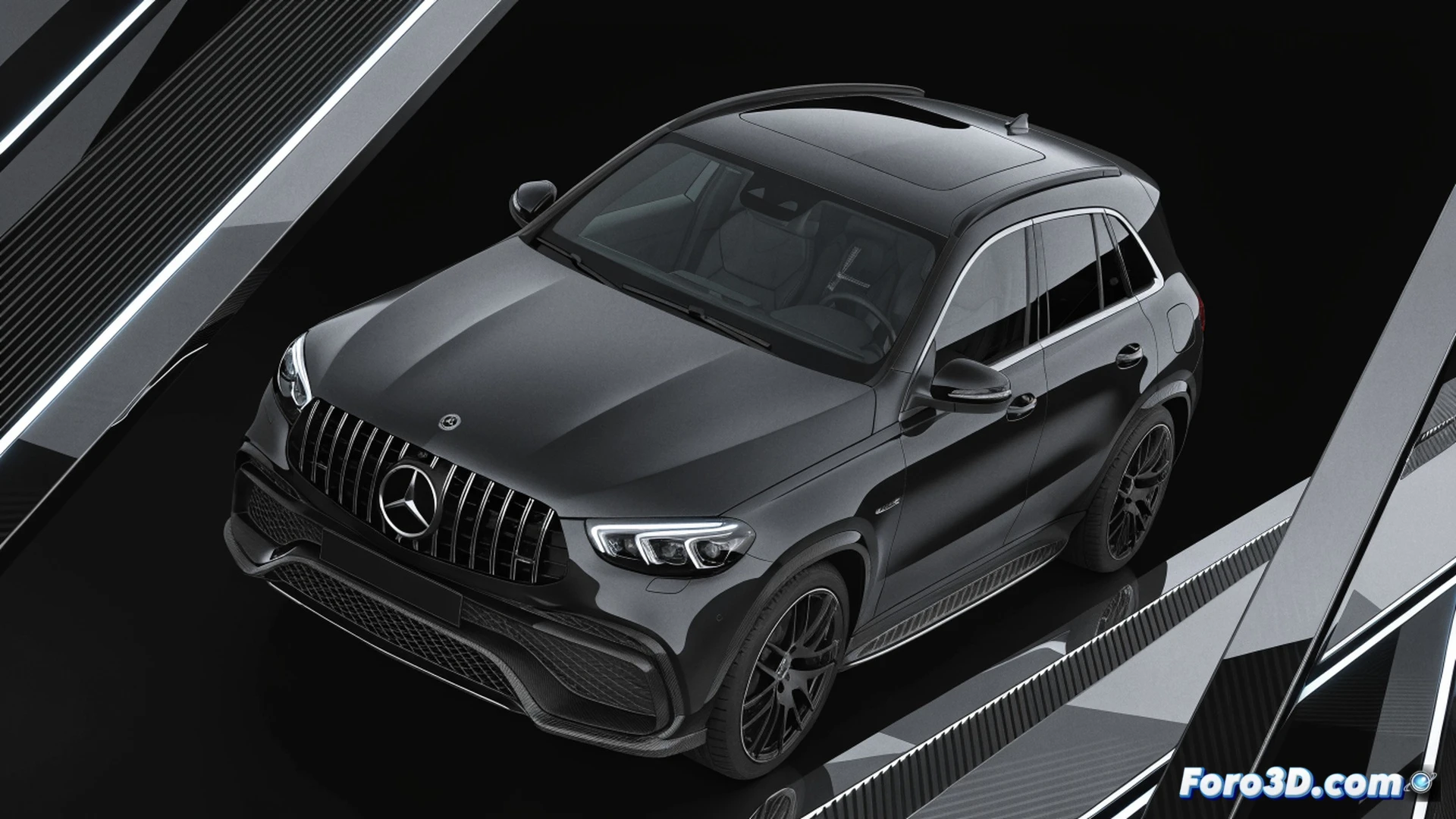 Mercedes-AMG GLE 53 híbrido en un showroom vacío, luz fría de neón azul iluminando la carrocería metálica y la parrilla Panamericana, un brazo robótico de vidrio templado bajando lentamente frente al capó mientras un ingeniero sostiene una tableta mostrando datos de rendimiento del motor electrificado, reflejos en el piso pulido, al fondo un letrero de precio borroso, estilo cinematic photorealistic engineering visualization, contraste entre lujo inalcanzable y tecnología de vanguardia, detalles de frenos y difusores visibles bajo la carrocería, atmósfera aséptica y distante.