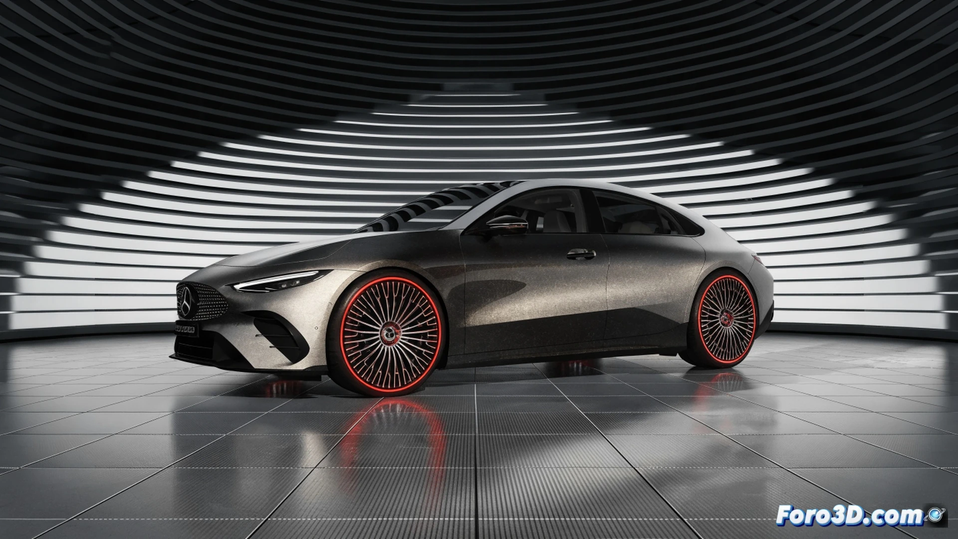 Mercedes CLA 2026 sedan on a rotating platform in a futuristic engineering lab, aerodynamic airflow visualization with glowing blue lines wrapping around the body, battery pack being lowered into the chassis floor by robotic arms during assembly, engineers analyzing thermal efficiency data on holographic screens showing powertrain heat dissipation, rear electric motor exposed with copper windings and cooling ducts, cinematic technical illustration, photorealistic metallic paint reflecting dramatic studio lights, sleek minimalist interior with a floating dashboard and ambient LED strips, high-contrast shadows emphasizing luxury and precision engineering