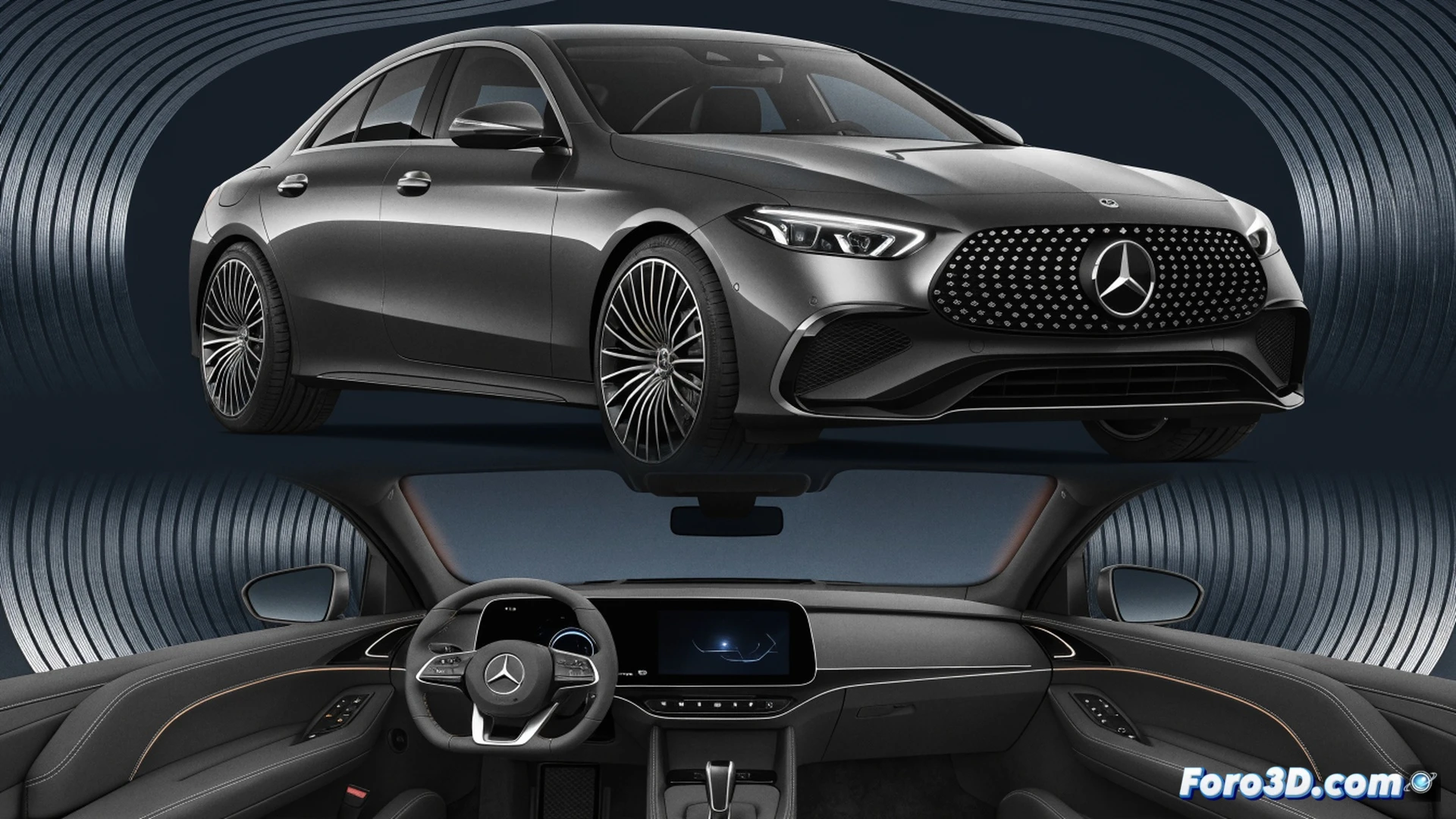 Mercedes Clase C sedán en proceso de actualización técnica, capó abierto mostrando motor de combustión con piezas metálicas brillantes, ingeniero ajustando módulo de infoentretenimiento con pantalla táctil flotante, herramientas digitales sobre el capó mostrando datos de asistentes de conducción, luz de taller blanca azulada iluminando el compartimento motor, fondo con estación de carga eléctrica contrastando con el motor tradicional, estilo cinematic photorealistic engineering visualization, reflejos metálicos en componentes, ambiente de garaje moderno, acción de mantenimiento y actualización tecnológica