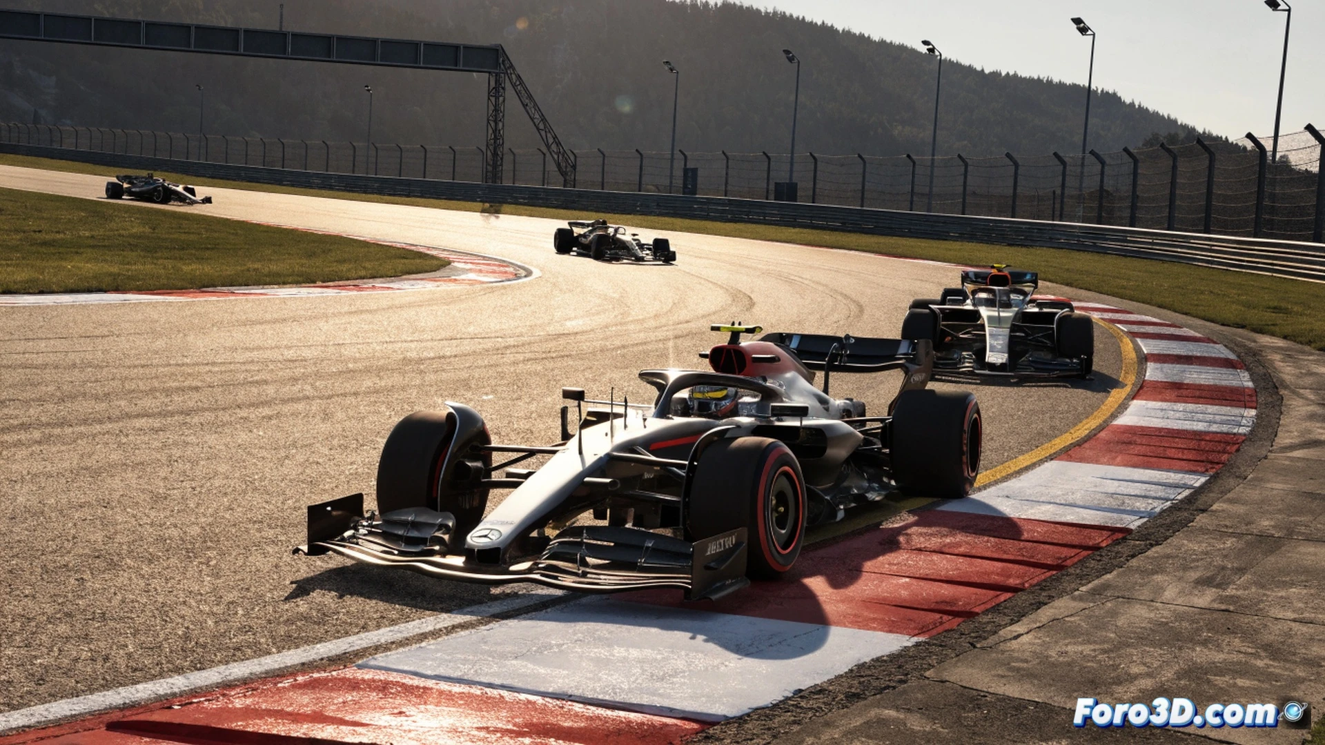 Mercedes F1 W16 rear wing and diffuser in high-speed cornering at Red Bull Ring, carbon fibre flexing under aerodynamic load, hot exhaust gases distorting air behind diffuser, distant Aston Martin AMR24 trailing with visible tyre smoke from locked rear brakes, timing screens showing 3.5s gap, cinematic engineering visualization, dramatic sunset lighting over Austrian hills, motion blur on tyre spokes, glowing brake discs, realistic CFD airflow streaks in orange and blue, ultra-detailed suspension components, photorealistic technical render