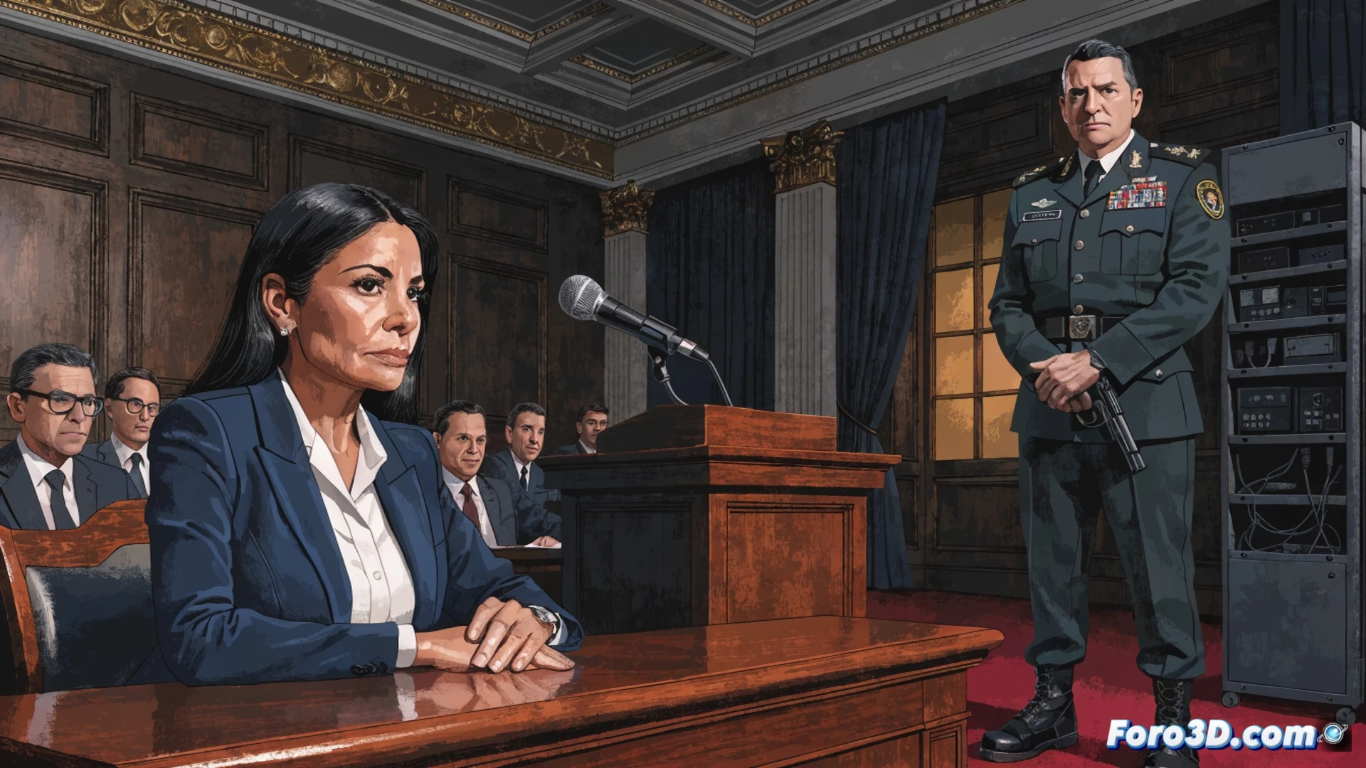 Mercedes González standing at a Senate podium, gesturing firmly with one hand while a digital screen behind her displays a transparent flowchart of UCO investigative procedures, a Guardia Civil badge visible on her uniform lapel, teniente coronel Balas shown in a small inset panel nodding, courtroom-style lighting casting sharp shadows, photorealistic political documentary style, clean institutional background with wooden panels and microphones, neutral blue-gray color palette, crisp focus on her expression of denial, no text or numbers in the image.