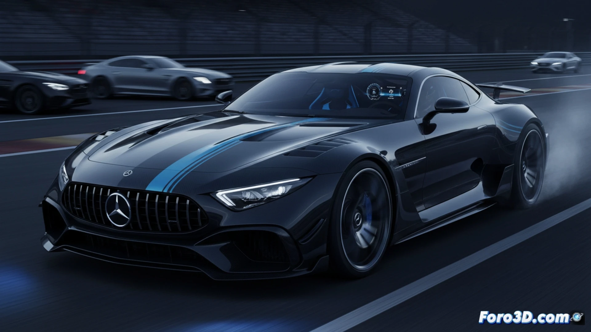 Mercedes Mythos superdeportivo biplaza fotorealista en Nürburgring, mostrando alerón trasero activo desplegado y difusor de carbono durante curva a alta velocidad, mientras flujo de aire turbulento rodea los faldones laterales agresivos, componentes aerodinámicos en fibra de carbono expuestos bajo luz de circuito nocturna, ingeniería de chasis monocasco visible en corte técnico, detalle de pinzas de freno cerámicas al rojo vivo durante frenada, interior minimalista sin asientos traseros con volante deportivo y pantalla digital, estilo cinematográfico con desenfoque de movimiento y reflejos metálicos, iluminación dramática de faros LED y barras de pit lane, texturas de neumáticos slicks humeantes, renderizado ultrarealista de ingeniería automotriz