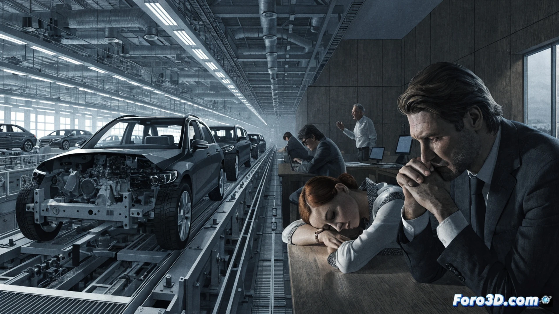 Photorealistic engineering visualization of a Mercedes-Benz assembly line, workers in blue uniforms extending their shift while digital profit charts on factory screens show a 17% decline, robotic arms paused mid-motion during overtime, tools idle on workstations, clock showing extended hours without pay, dim industrial lighting casting long shadows, conveyor belts empty of new vehicles, union representatives standing with crossed arms near a safety board, metallic car frames partially assembled in background, realistic factory floor texture, cinematic dramatic lighting, ultra-detailed mechanical components