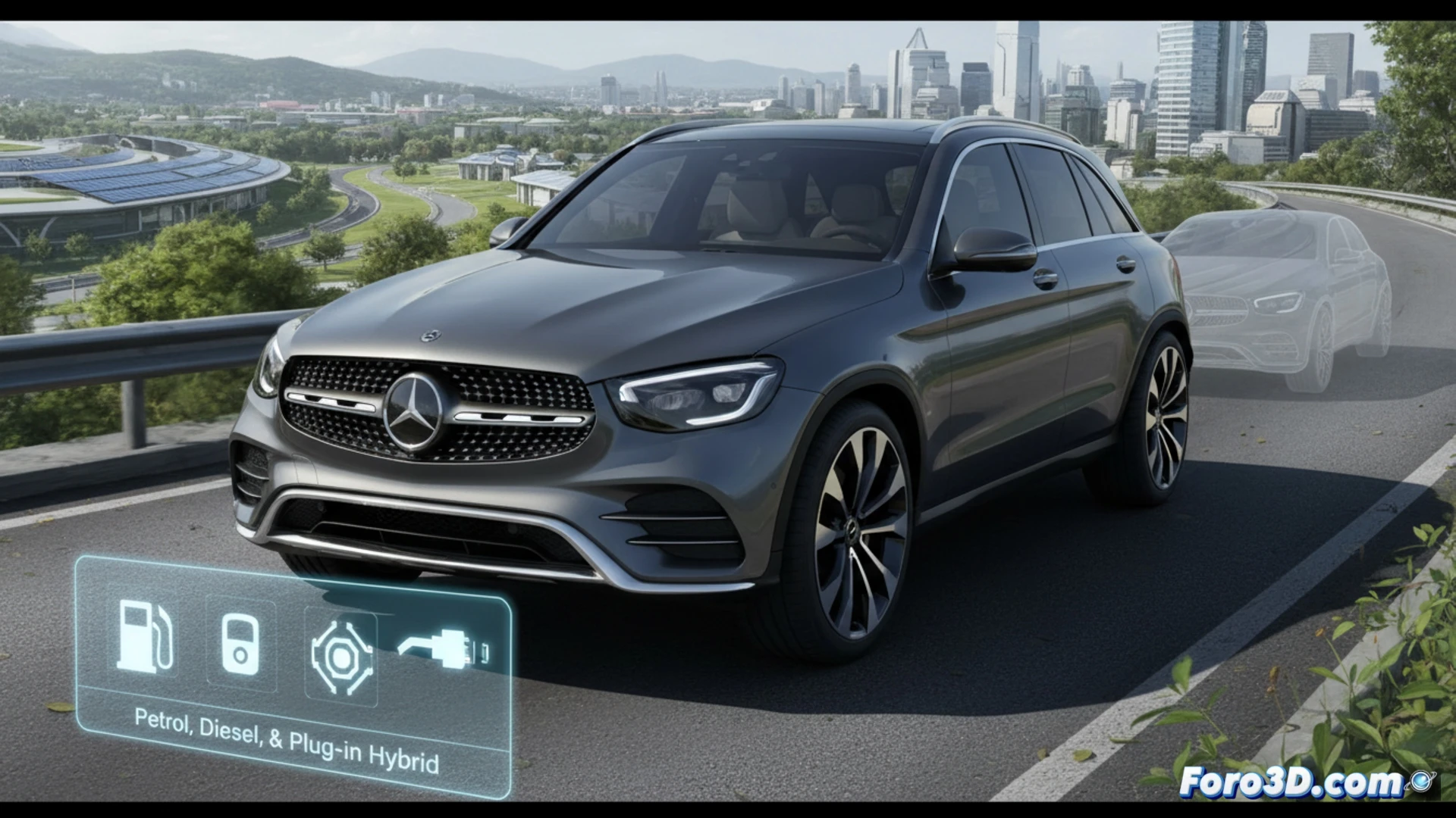 Mercedes-Benz GLC SUV undergoing mid-cycle thermal engine upgrade in 2027 assembly bay, technicians adjusting a hybrid plug-in powertrain with visible exhaust manifold and electric motor module, diagnostic tablet displaying combustion efficiency data, glowing charging port on rear fender, engineering visualization style, metallic silver body panel partially removed, mechanical components highlighted with blue technical lighting, photorealistic studio render, clean industrial background, dramatic shadows on engine block
