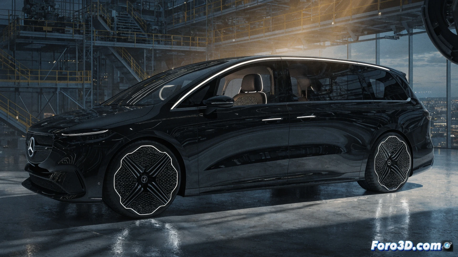 Mercedes VLE monovolumen eléctrico en línea de producción de Vitoria, robot industrial soldando el chasis de aluminio durante el ensamblaje, aerodinámica del techo curvo mostrando flujo de aire laminar, ingeniero inspeccionando la batería integrada en el piso mientras un brazo robótico coloca el tablero digital, iluminación de estudio fría sobre paneles de carrocería pulidos, textura de pintura metálica reflectante, photorealistic cinematic render, ultra-detailed mechanical components, dramatic factory shadows.