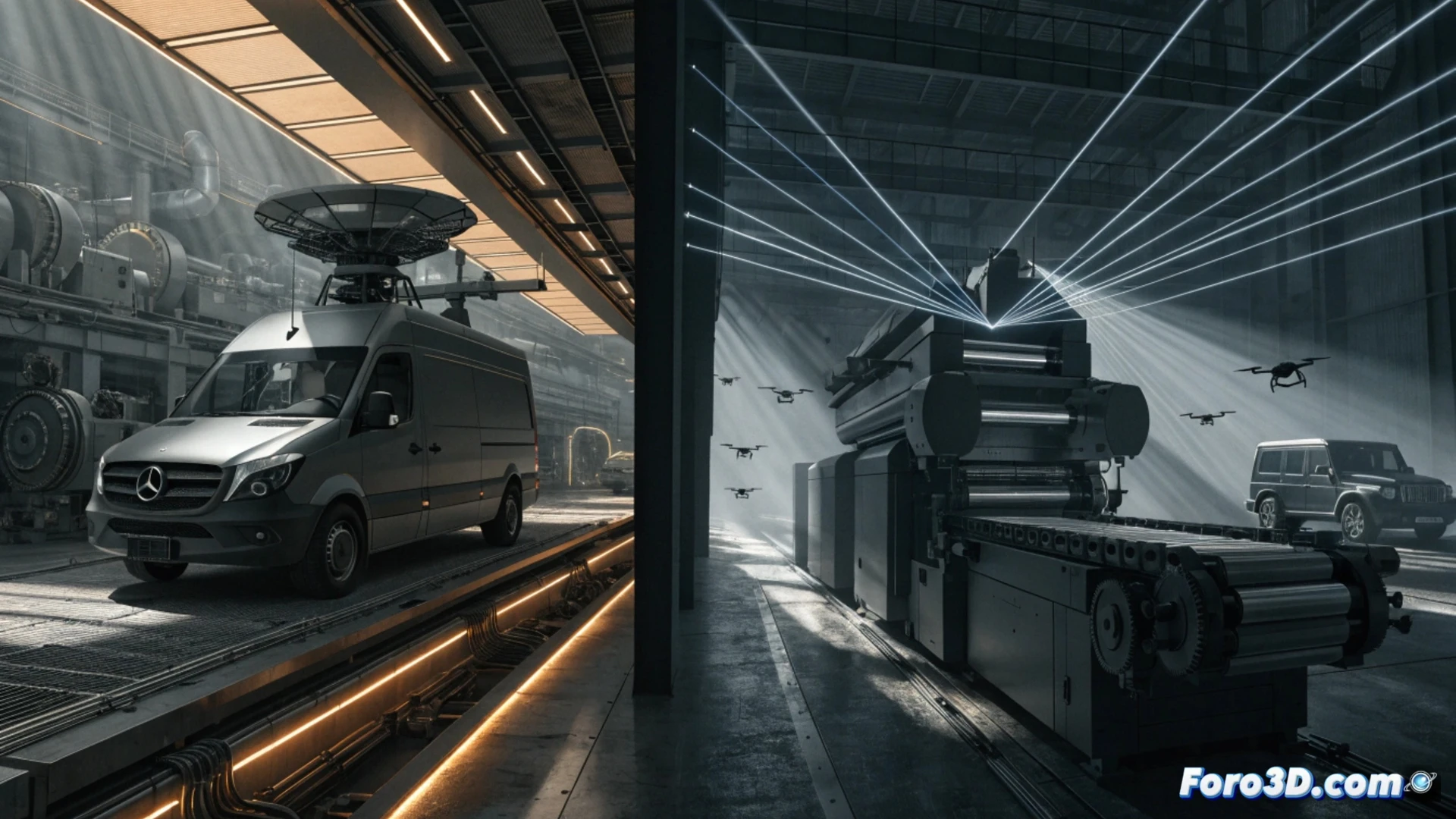 Mercedes-Benz Sprinter van modificado como plataforma antidron, antenas de detección radar girando en el techo, un brazo neutralizador láser apuntando hacia un dron en vuelo, fondo de hangar industrial con ingenieros revisando pantallas de software, cables y componentes electrónicos visibles, Heidelberger imprenta adaptada a módulo de control, luces LED azules y naranjas, humo ligero, estilo cinematic photorealistic, texturas metálicas detalladas, movimiento congelado durante la acción de disparo, ángulo bajo dramático.
