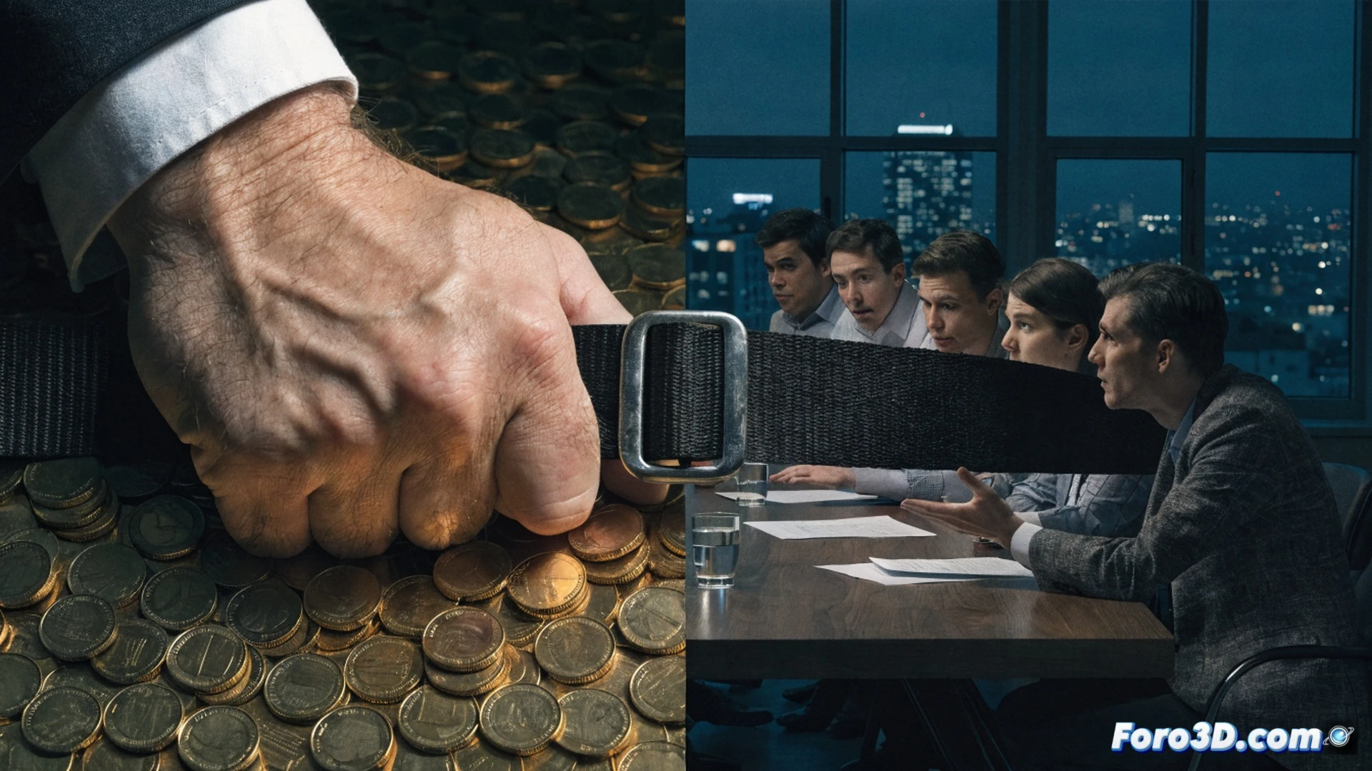 Friedrich Merz tightening a municipal social budget belt, hands pulling a leather strap around a stack of documents labeled Jugendhilfe and Eingliederungshilfe, a broken gear labeled Unterhaltsvorschuss lying beside a calculator with rising red numbers, city hall silhouette in background, concerned families and disabled individuals fading into shadows, photorealistic technical illustration, dramatic overhead lighting, metallic desk surface, precise mechanical action of belt cinching, tension visible in leather and paper edges, ultra-detailed financial documents, cinematic political visualization