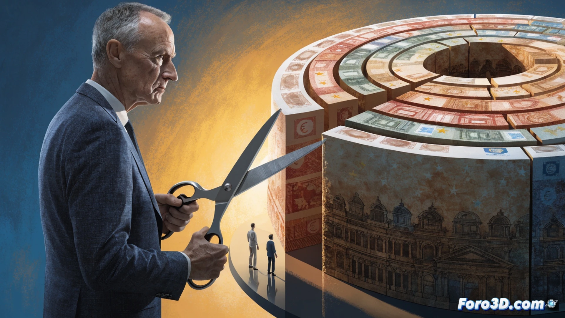European Union budget document being sliced by oversized scissors held by a stern figure in a dark suit, pieces labeled with health icons and infrastructure symbols falling away, a glowing 2 trillion euro figure fading in the background, photorealistic technical illustration, dramatic top-down lighting, polished wooden table surface, scattered financial charts and blueprints, sharp metallic scissors reflecting light, detailed textures on paper and suit fabric, cinematic composition with shallow depth of field