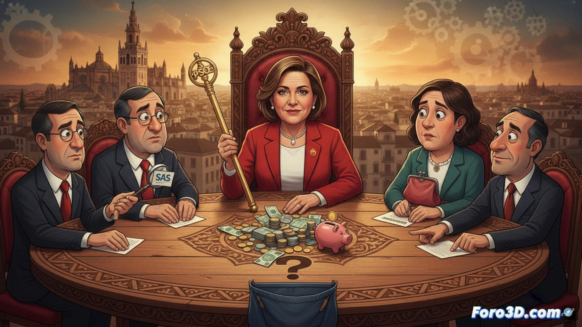 photorealistic wide shot of an empty parliamentary chamber in Seville, a single large calculator balanced on a leather seat, its display showing a blinking zero, a worn wallet and a faded SAS health card lying on the floor beneath the chair, dust particles floating in a beam of sunlight through tall windows, dramatic contrast between the ornate red velvet seats and the cold marble floor, cinematic political still life, ultra-detailed textures, shallow depth of field focusing on the calculator keys, moody ambient lighting with deep shadows