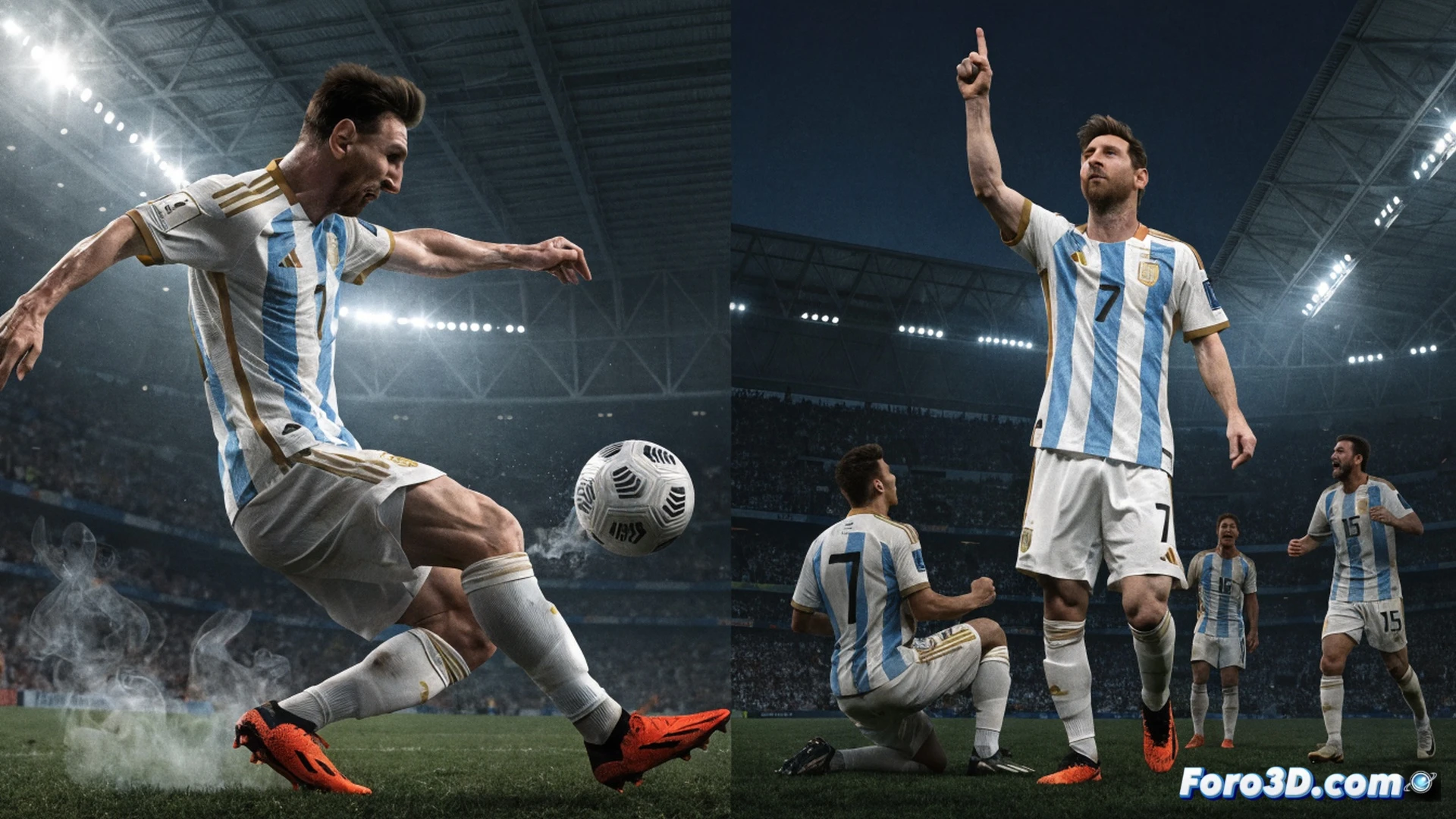 Lionel Messi en acción con camiseta argentina, controlando un balón de fútbol con efecto preciso, césped del estadio con marcas de desgaste, cinco balones dorados dispersos en el campo simbolizando los goles, estadio lleno con bengalas celestes y blancas, ángulo de cámara bajo mostrando su mirada enfocada, sudor y tensión muscular visible, luz de estadio creando sombras dramáticas, estilo cinematográfico fotorrealista, textura detallada del césped y del balón, movimiento congelado en el instante del disparo