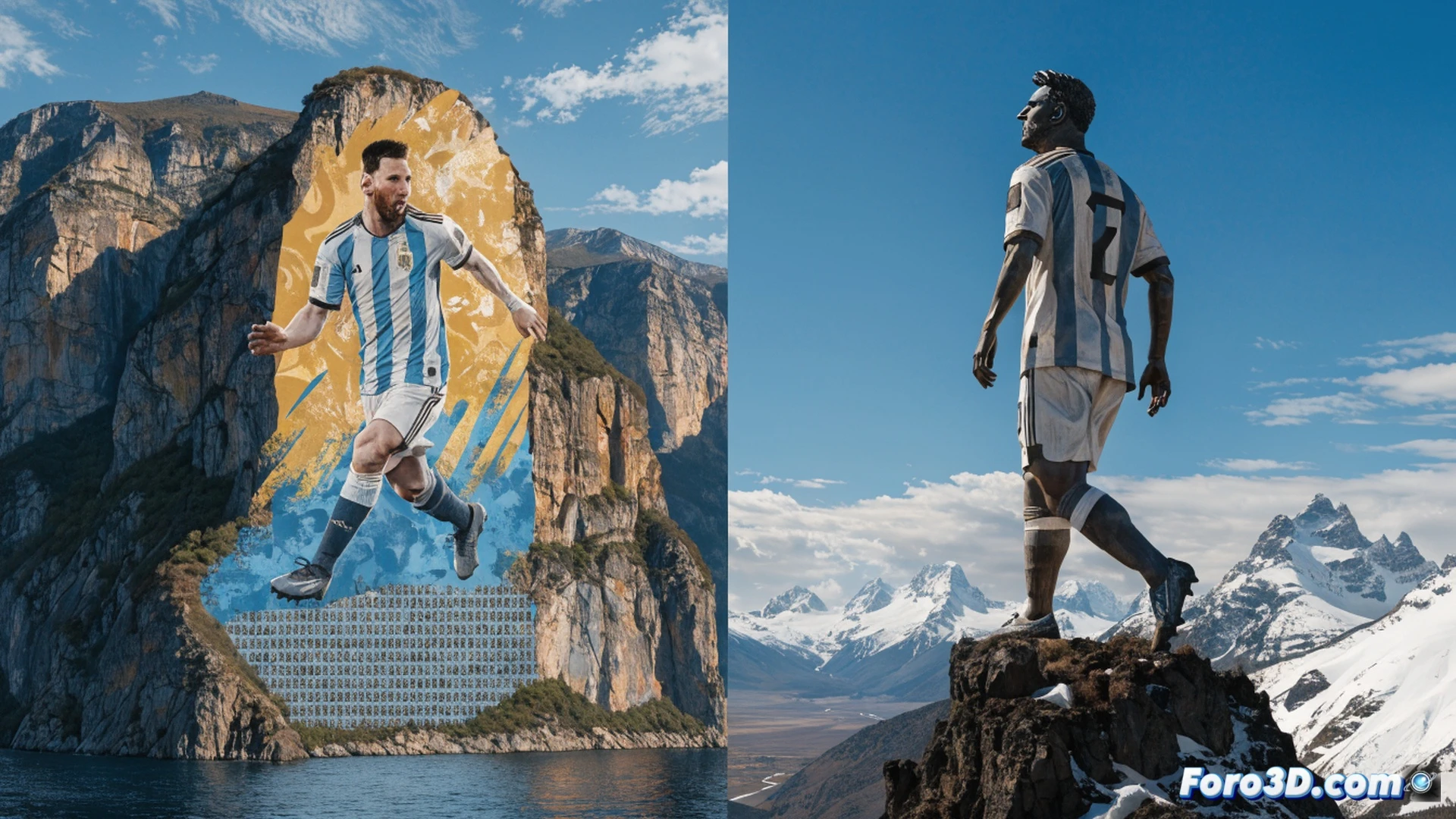 Photorealistic cinematic scene of a massive Messi mural being painted on a Buenos Aires building facade, workers on scaffolding using spray guns and rollers, a towering 26-meter metallic statue being assembled with cranes in Patagonian landscape, glowing red-blue LED strips on the statue base, fans cheering below with Argentine flags, digital tablet showing 3D modeling software open on a technician's lap, sunset dramatic lighting casting long shadows, ultra-detailed paint splatters and metal textures, unity symbolism through overlapping silhouettes of diverse ages, photorealistic technical render