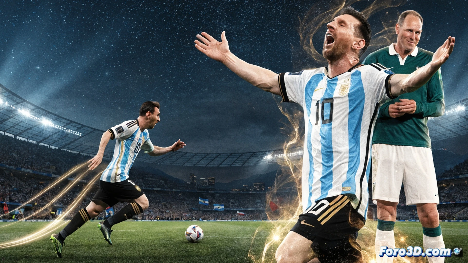 Leo Messi celebrando un hat-trick mundialista, balón en el aire tras anotar el tercer gol, estadio iluminado con luces de estadio nocturnas, césped verde brillante, multitud rugiendo en gradas borrosas, banderas argentinas ondeando, cámara con efecto cinematico, movimiento congelado del balón impactando la red, sudor en su rostro mostrando esfuerzo y pasión, brazos extendidos en éxtasis, camiseta albiceleste con detalles técnicos de tela transpirable, zapatillas de fútbol con tacos de carbono, fotorealismo deportivo, iluminación dramática de transmisión televisiva, profundidad de campo limitada, textura de pasto natural, colorimetría cálida y vibrante.