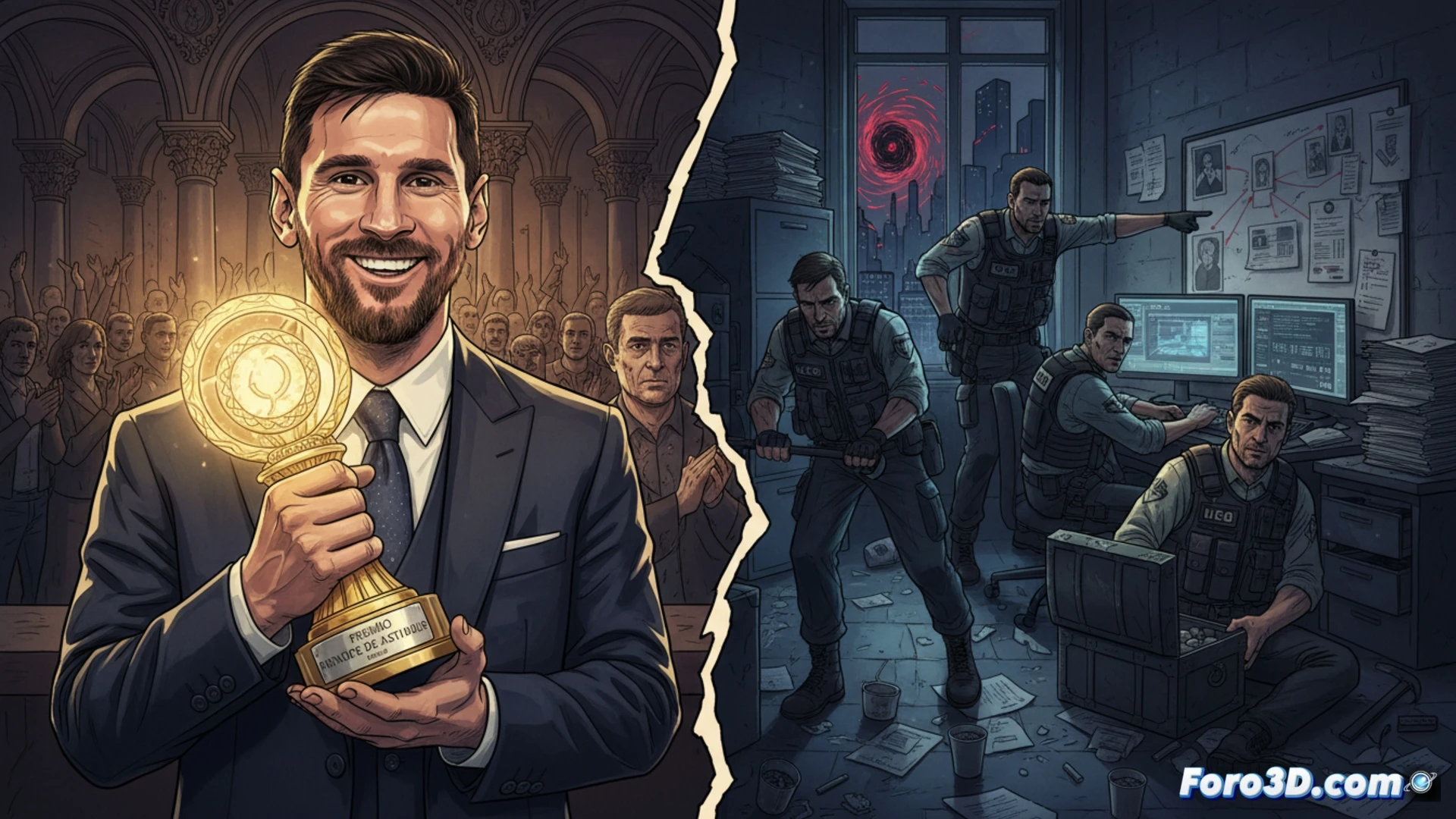 Una imagen dividida: a la izquierda, Messi sonriente levanta un trofeo bajo focos brillantes; a la derecha, agentes de la UCO con chalecos antibalas y linternas registran documentos en una oficina oscura.