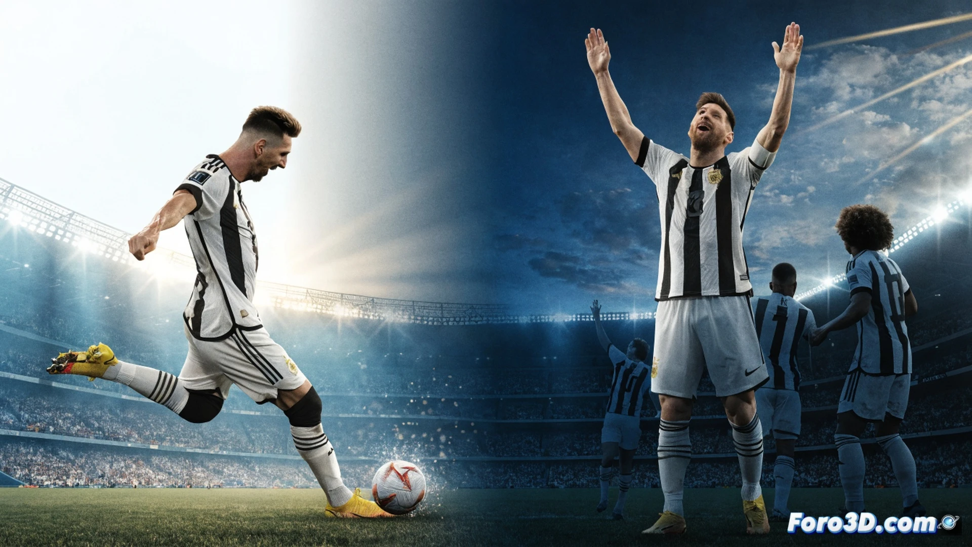 Lionel Messi en un estadio iluminado, celebrando su segundo gol durante un partido de Copa del Mundo, balón impactando la red mientras la multitud argentina salta en el fondo, cronómetro digital en la pantalla del estadio mostrando tiempo de partido y marcador histórico, cámara lenta cinematográfica, sudor y tensión muscular visibles, césped con marcas de tacos y líneas de campo nítidas, fotorealista con iluminación dramática estilo atardecer, colores vibrantes de camiseta albiceleste y detalles de textura de la pelota, composición épica de acción deportiva en alta definición.