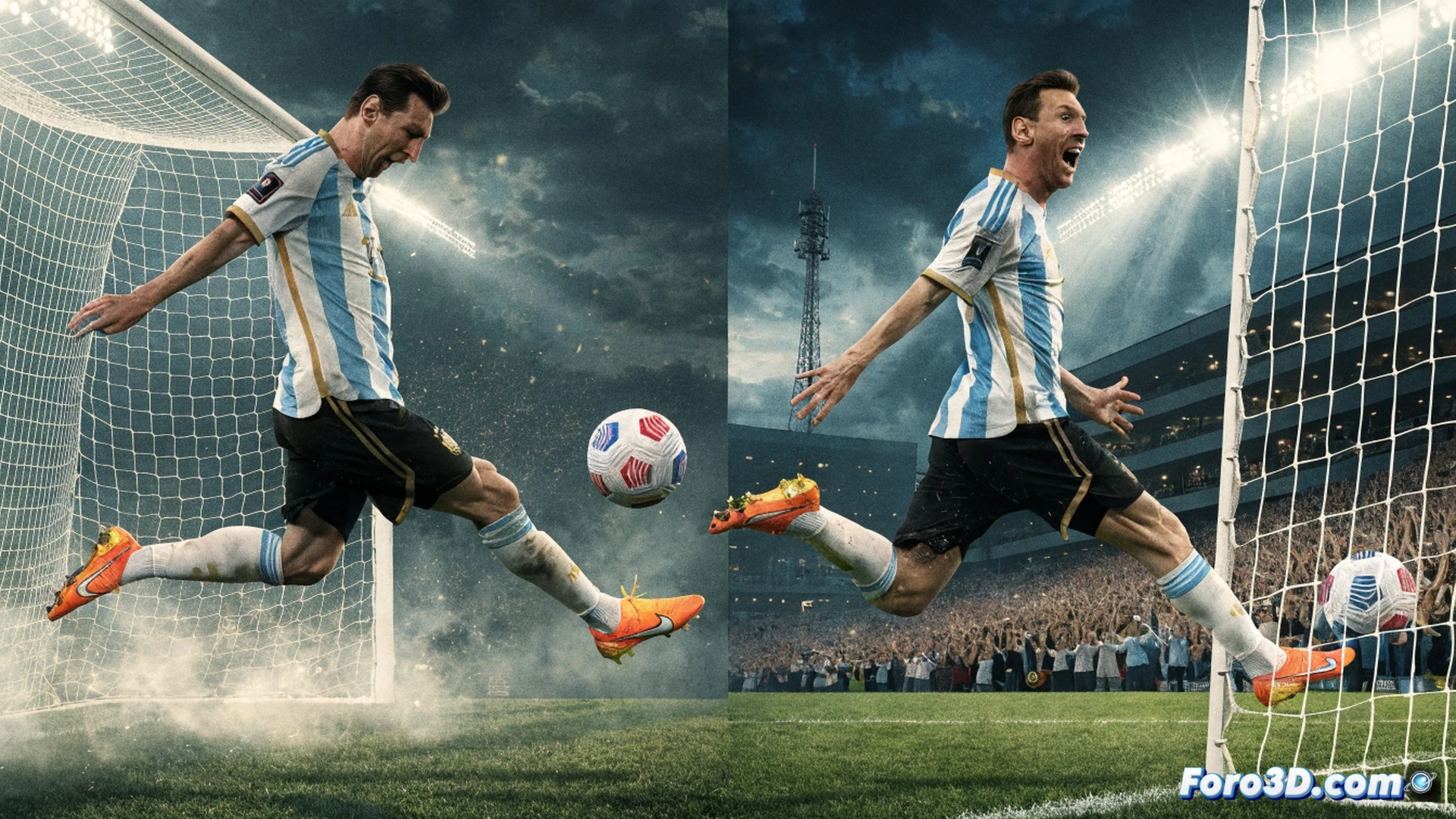 photorealistic football scene, argentina jersey number 10 kicking ball into net during world cup match, stadium floodlights illuminating green pitch, ball mid-air with motion blur, goal net stretching from impact, crowd celebrating in blurred background, sweat drops on player face, grass blades flying from boot contact, dramatic cinematic lighting, shallow depth of field, ultra-detailed fabric texture, technical sports photography style, dynamic action frozen moment