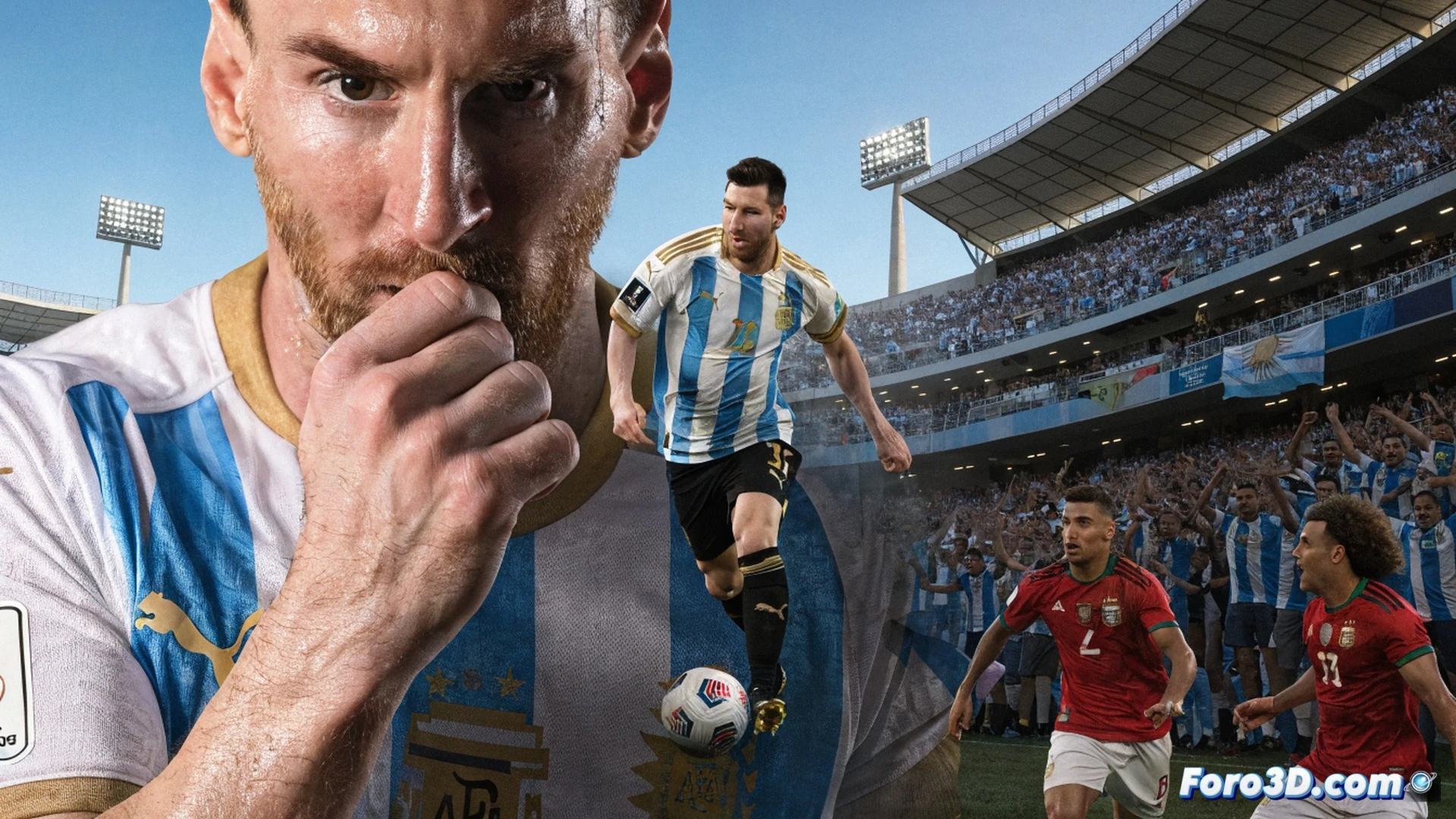 Lionel Messi celebrando un hat-trick histórico, estadio mundialista lleno de banderas argentinas, balón de fútbol con efecto de movimiento congelado cerca de su pie derecho mientras dispara, red de la portería expandiéndose por el impacto, tres números 10 brillando en el marcador electrónico del estadio, césped con marcas de taco y sombras dramáticas, bengalas celestes y blancas en la grada, fotografía deportiva cinematográfica, iluminación de estadio de alto contraste, profundidad de campo reducida, textura de césped hiperrealista, detalles de sudor y tensión muscular, photorealistic sports action render