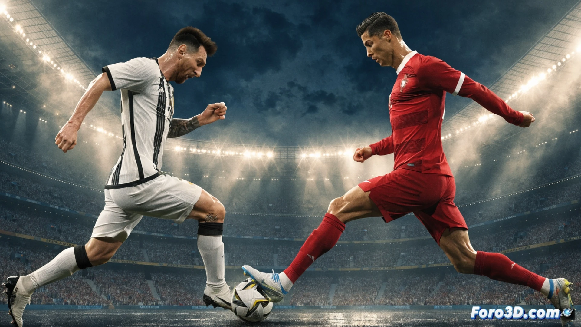 Two football legends mid-kick on opposite sides of a split stadium, left side Messi in Argentina jersey striking a ball with blue-white motion trails, right side Ronaldo in Portugal jersey striking with red-green motion trails, five glowing World Cup trophy icons floating above each player representing tournament appearances, stadium crowd in blurred silhouette, cinematic golden hour lighting, photorealistic sports photography style, dynamic action poses, sweat droplets frozen mid-air, grass particles flying, dramatic lens flare from stadium lights, ultra-detailed facial expressions showing determination, depth of field blurring background players