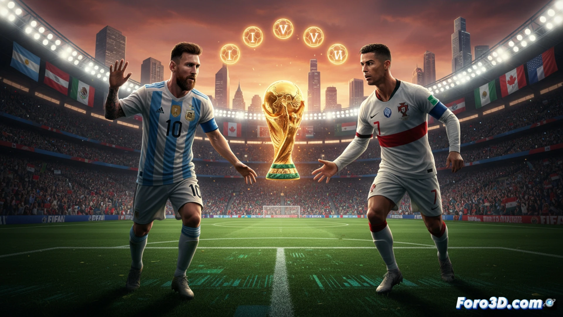 two legendary footballers Lionel Messi and Cristiano Ronaldo standing on opposite sides of a futuristic stadium pitch, both wearing national team kits with six World Cup stars on their chests, Messi holding the golden trophy while Cristiano prepares to strike a ball, dynamic action pose during a training session, multiple holographic globe projections floating above the field showing previous World Cup years 2006 2010 2014 2018 2022 and 2026, advanced sports analytics screens displaying biometric data and match statistics in the background, cinematic photorealistic style, dramatic sunset lighting, stadium filled with digital billboards, ultra-detailed textures on jerseys and grass, motion blur on the kicking leg, high contrast shadows, technical sports visualization render
