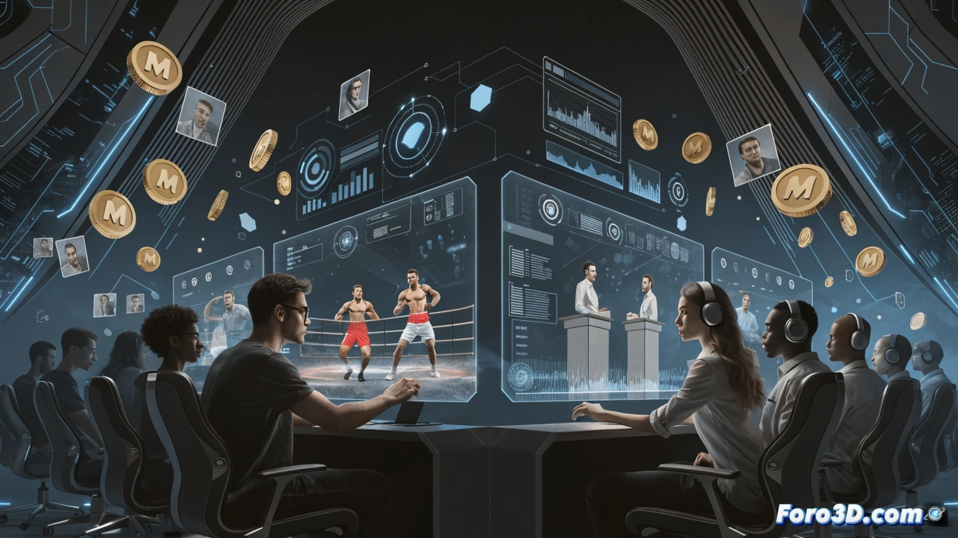 digital prediction interface on a smartphone screen, virtual tokens flowing into a sports betting arena icon, transparent legal barrier being bypassed by glowing point system instead of real currency, abstract courtroom gavel in background fading away, cinematic photorealistic style, dark blue and gold color palette, glowing neon accent lines showing data streams, polished glass UI elements, floating 3D sports equipment silhouettes, motion blur on token particles, dramatic spotlight illuminating the arena structure, ultra-detailed reflective surfaces, technical visualization with grid overlays