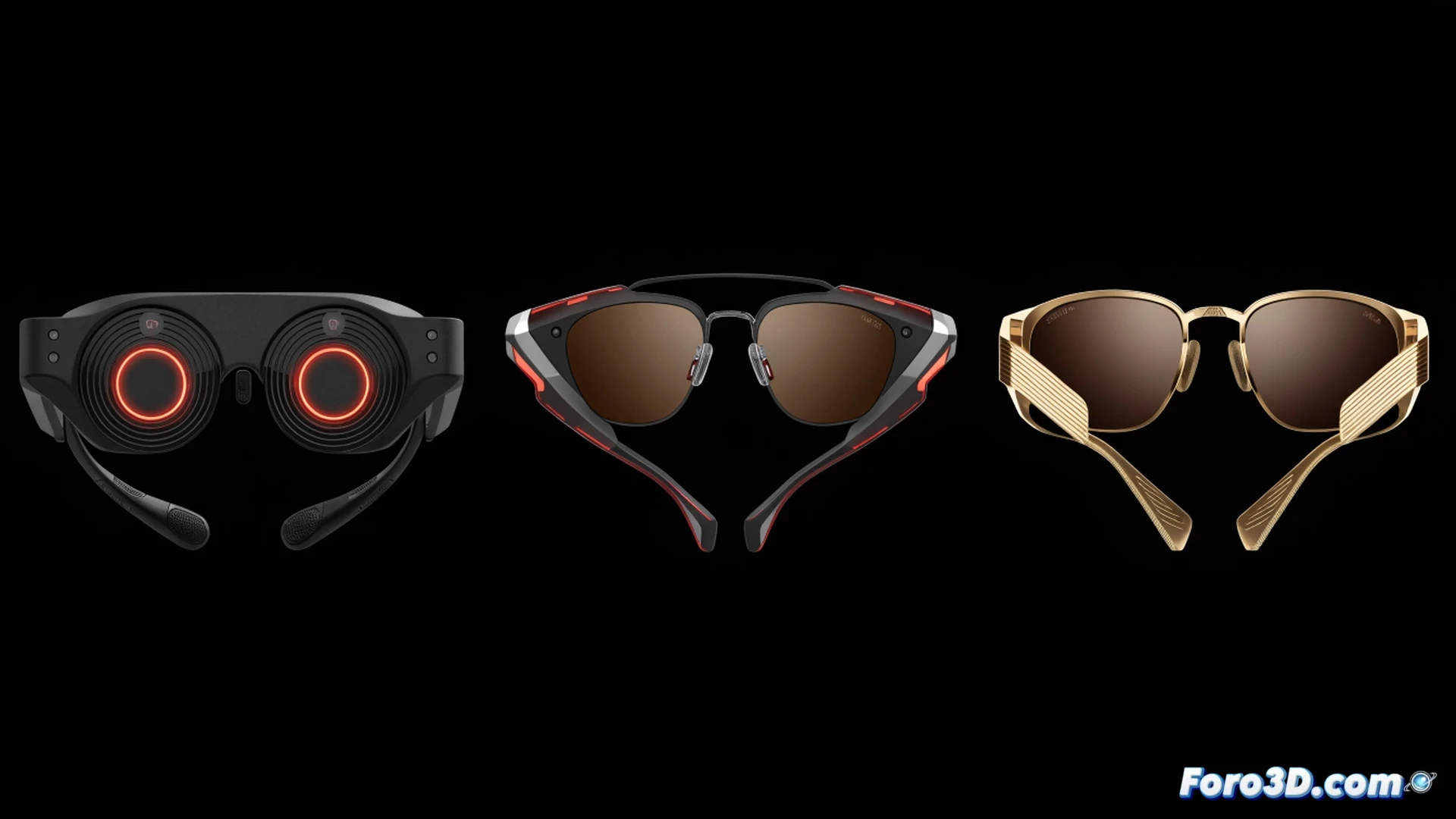 Three smart glasses models displayed on a transparent glass table, Fury model with metallic frame and blue LED indicator, Adventurer model with rugged matte black finish and visible side camera module, Kylie Jenner special edition with rose gold accents, each glasses set showing a holographic AI assistant interface projecting from the right temple, battery indicator glowing green on the temple, 8-hour battery icon floating beside each pair, hands-free gesture recording demonstration with a finger tap activating the camera, white studio lighting creating crisp reflections on the lenses, photorealistic product visualization, sleek futuristic tech aesthetic, clean minimalist composition, ultra-detailed hardware components