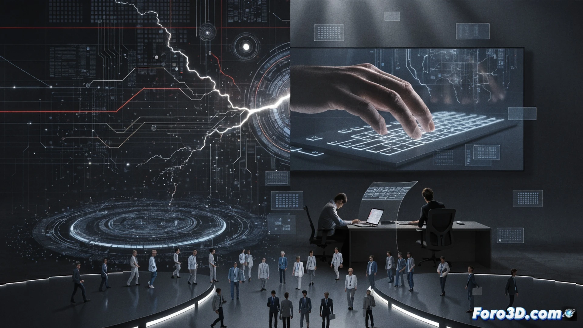 Cinematic overhead view of an open corporate laptop keyboard, glowing red tracking lines following finger movements on keys, translucent data streams rising from the keyboard showing private chat windows and tax forms, a padlock icon breaking apart above the device, multiple office desks in blurred background, dark blue and orange lighting, photorealistic technical illustration, high contrast shadows, cyber surveillance aesthetic, data breach visualization, motion blur on keystrokes