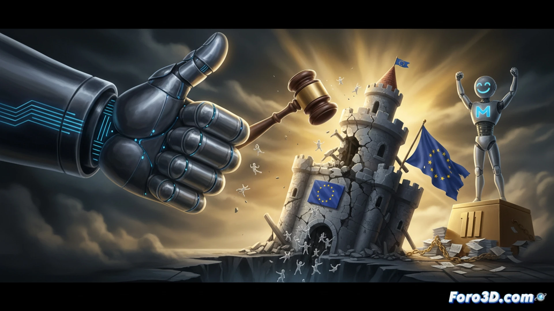 European Court of Justice gavel striking down a broken shield labeled EU Digital Markets Act, fragments scattering as a glowing Meta logo emerges from behind a cracked smartphone displaying Facebook Marketplace interface, procedural error documents burning in the background, a judge’s robe draped over an empty chair, cinematic courtroom lighting, dark wooden bench, dramatic shadows, photorealistic technical illustration, high contrast, symbolic legal authority crumbling