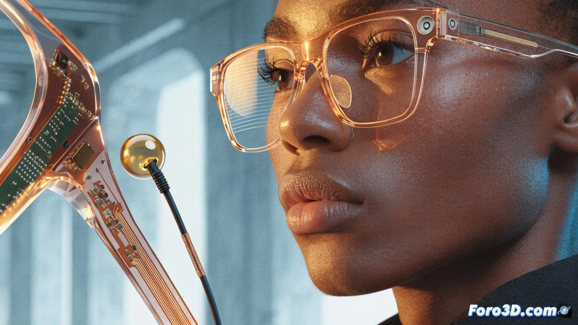 photorealistic technical illustration of smart glasses being worn by a person in a bright everyday urban setting, glasses frame subtly glowing with AI interface indicators, user gesture-swiping in mid-air while a transparent holographic notification panel floats beside the frame, voice command waveform visualized near the temple, compact camera lens and tiny speaker grille visible on the frame, natural sunlight casting soft shadows, cinematic shallow depth of field, modern minimalist background, ultra-detailed metal and plastic textures, clean engineering visualization style