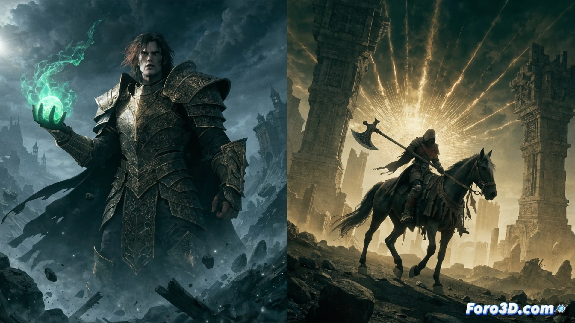 two glowing RPG crowns floating above a stone pedestal labeled with a glowing 96, one crown emitting green magical mist (Baldur's Gate 3) and the other emitting golden embers (Elden Ring), below them a stack of classic game discs and cartridges including Skyrim and Mass Effect 2, a magnifying glass hovering over the pedestal showing a checklist of top-rated games, cinematic photorealistic technical illustration, dramatic spotlight lighting from above, dark marble background with subtle grid lines, ultra-detailed metallic textures on the crowns, glowing particle effects around the floating discs, sharp focus on the pedestal while background fades into soft bokeh, showing the process of critical evaluation and ranking