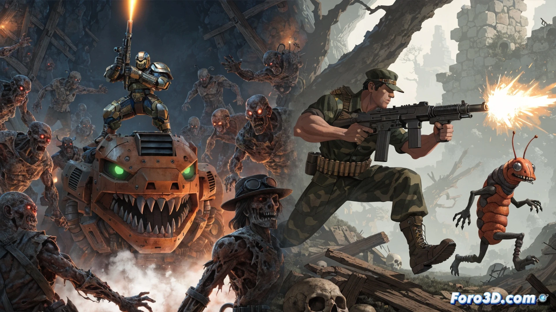 Pixel-art soldier running left while firing a heavy machine gun, green military vehicle exploding in the background, red enemy projectiles streaming down from above, glowing blue health pickup on the ground, 2D side-scrolling battlefield with parallax layers of ruined city and smoke, arcade-style pixel effects with explosions and muzzle flashes, classic run-and-gun action sequence, nostalgic 16-bit aesthetic, bright saturated colors, retro game visual style
