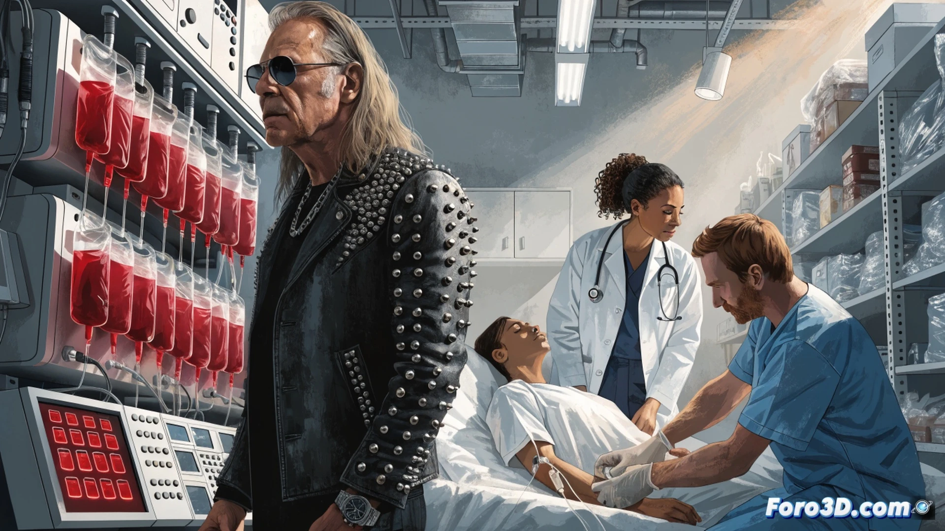 Photorealistic cinematic scene of a hospital blood donation room, medical staff preparing IV bags and blood collection tubes on sterile white surfaces, a donor with a Metallica t-shirt sitting in a reclining chair while a nurse inserts a needle into their arm, glowing red blood flowing through clear tubing into a collection bag, digital monitor showing blood type O negative and B negative labels, empty donation chairs in background symbolizing shortage, dramatic lighting from overhead surgical lamps, ultra-detailed medical equipment, sterile clinical atmosphere, technical medical illustration style