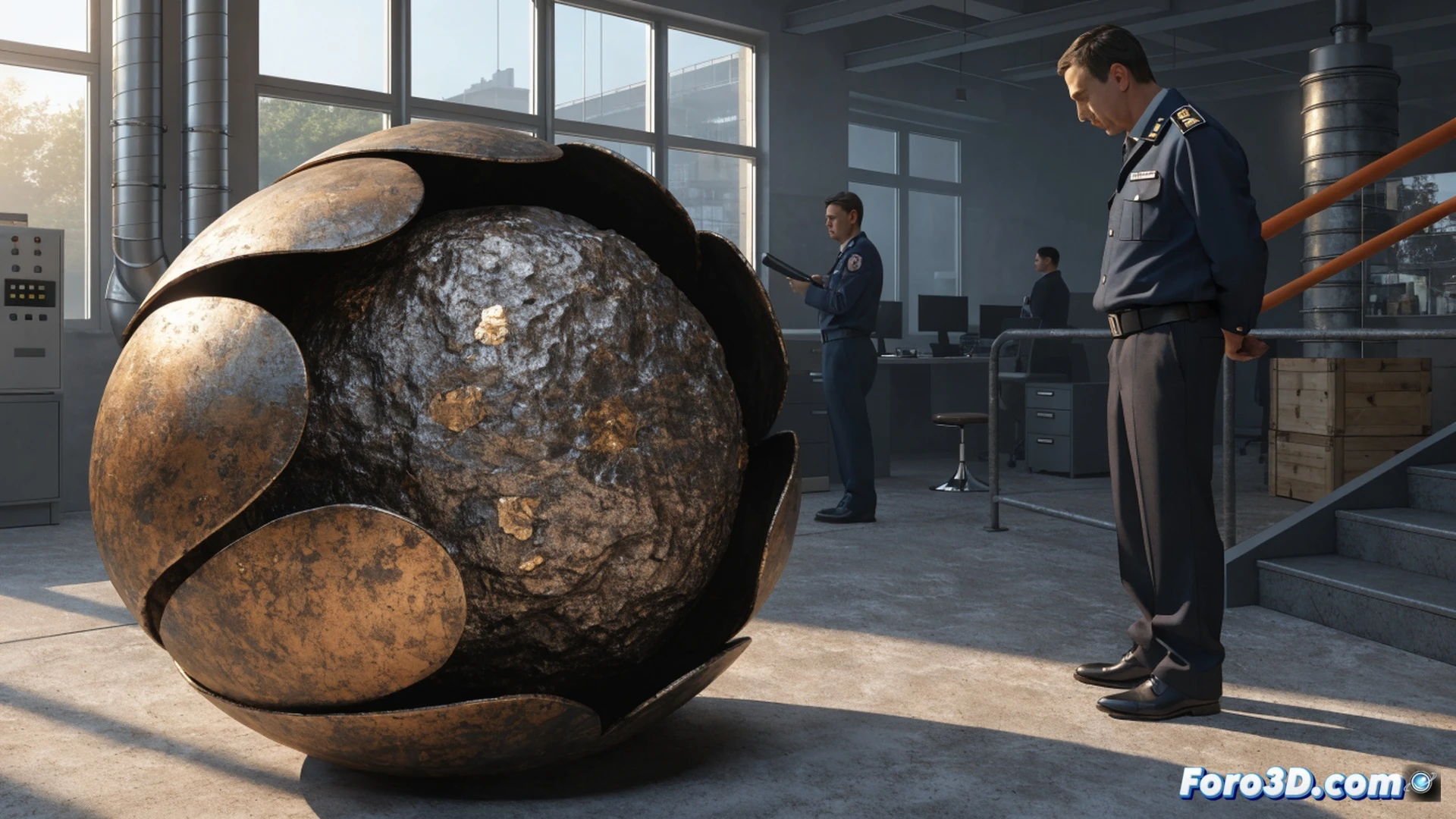customs inspection scene in a dimly lit Russian warehouse, two officers in blue uniforms examining a massive dark grey rock on a metal inspection table, one officer holding a portable XRF scanner displaying elemental analysis results showing gold and iridium peaks, the other officer using a magnifying loupe to study the meteorite’s fusion crust and regmaglypts, a digital scale readout showing 2500 kg nearby, a computer monitor displaying spectral comparison graphs between the rock and known meteorite databases, concrete floor with industrial lighting casting long shadows, ultra-detailed rock surface with metallic inclusions and oxidation patterns, cinematic photorealistic engineering visualization, dramatic shadows highlighting the object’s irregular shape and density