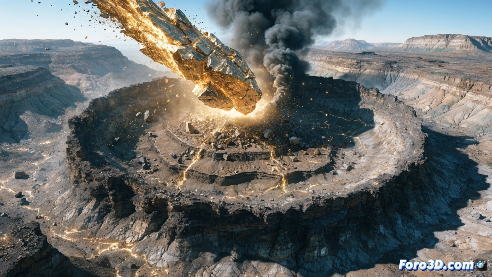 Cinematic wide shot of a massive meteorite impact in ancient Australian outback, four-kilometer crater forming under violent collision, molten rock ejecting into the air with golden debris particles, shockwave distorting the landscape, glowing fragments of gold-rich material scattering in parabolic arcs, deep orange and red sky, photorealistic geological visualization, dramatic lighting from the explosive fireball, detailed rock fractures and vaporized crust, motion blur on flying detritus, ultra-realistic terrain textures, epic natural disaster scene