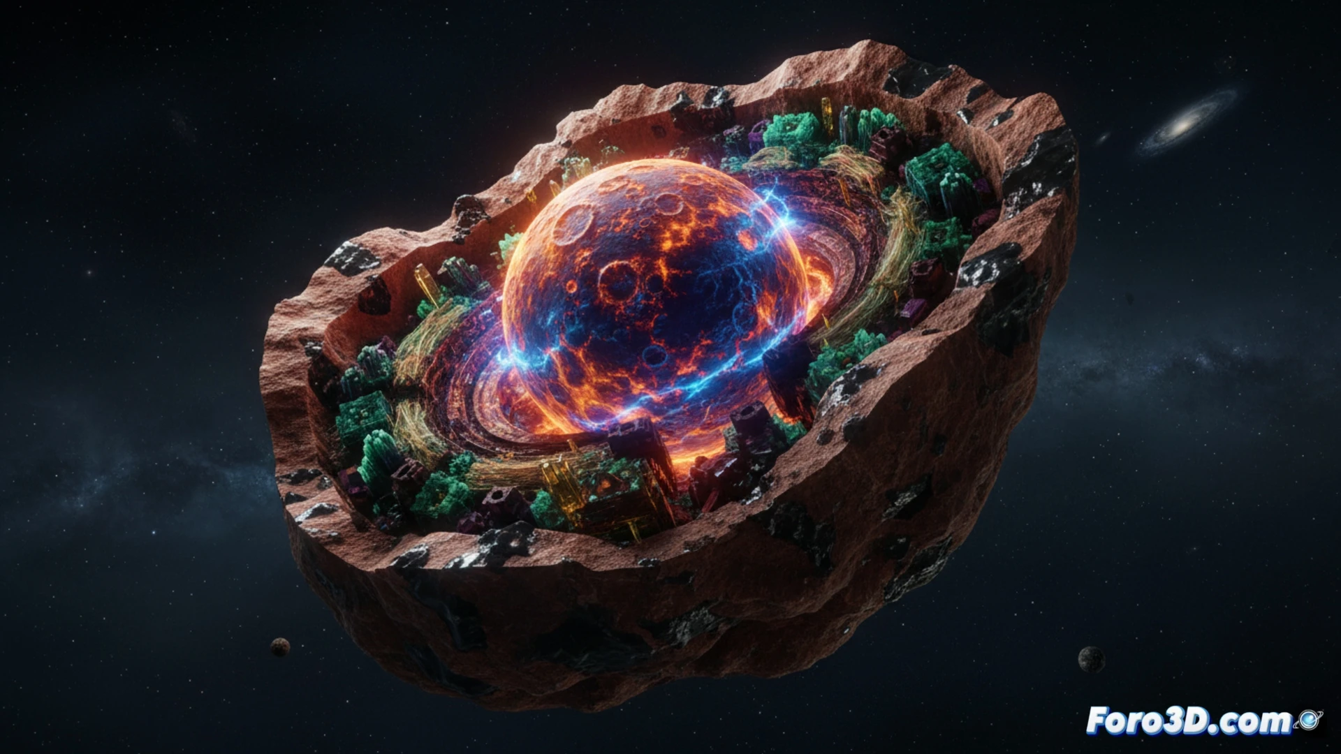 meteorite fragment glowing under intense pressure simulation, protoplanetary crust layers peeling away revealing crystalline lunar-like core, high-tech laboratory analysis with scanning electron microscope beam scanning the sample surface, robotic manipulator holding the rock over a heat-resistant stage, cinematic scientific visualization, dramatic backlighting from holographic planetary formation diagram, dust particles floating in sterile white chamber, ultra-detailed rock texture with metallic veins, photorealistic technical illustration, extreme macro photography style, blue and amber analytical laser lines crossing the specimen