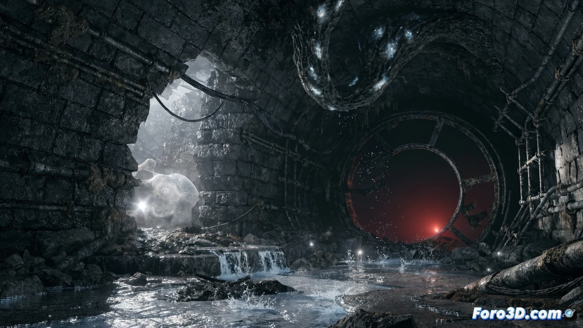 Underground tunnel scene with dynamic global illumination casting realistic light beams through dust particles, water flowing over broken pipes with PhysX fluid simulation showing splashes and surface ripples, dark wet concrete walls reflecting ambient light, abandoned metro train with illuminated windows, puddles forming on uneven floor, cinematic photorealistic technical illustration, volumetric lighting effects, high-contrast shadows, steam rising from water, ultra-detailed textures on rusted metal and cracked tiles, dramatic post-apocalyptic atmosphere