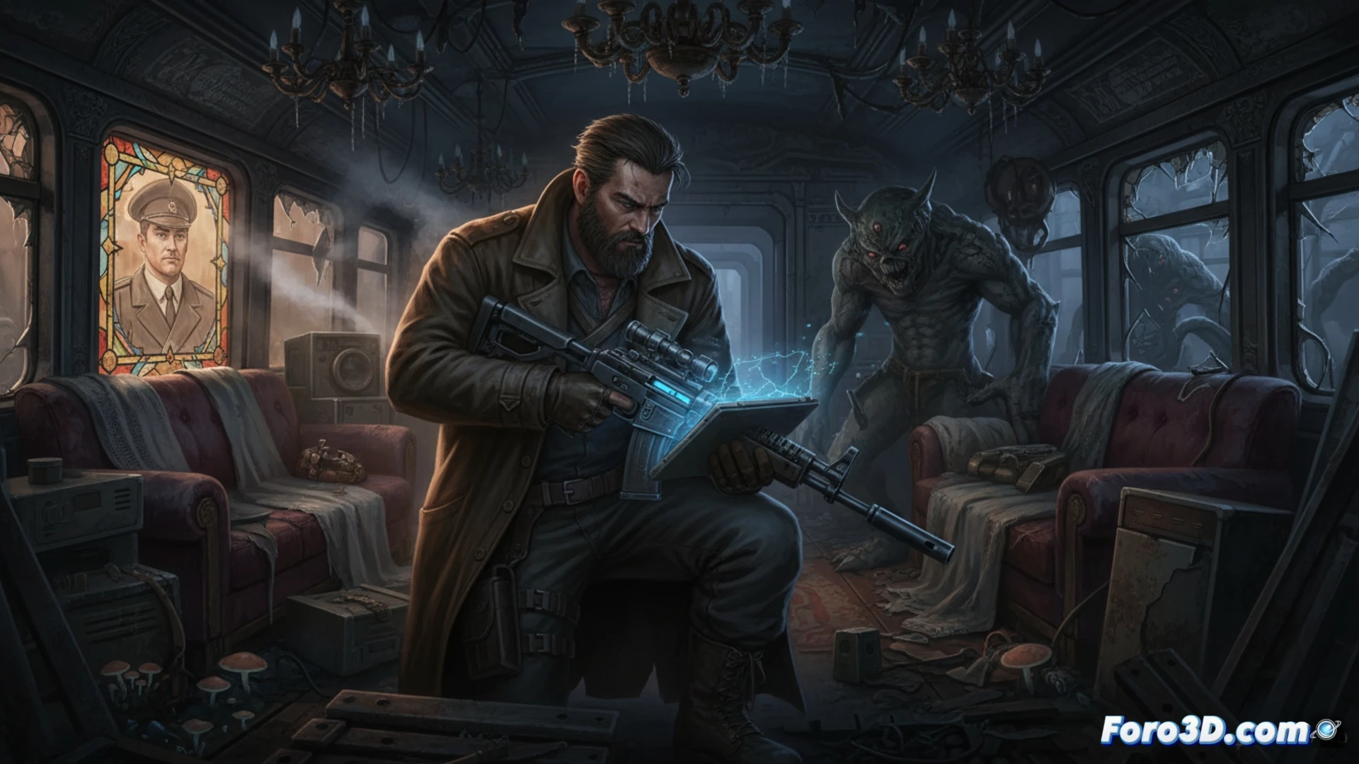 subway tunnel interior during stealth encounter, protagonist crouching behind concrete pillar aiming suppressed pistol at mutant creature, dim emergency lights casting long shadows, corrupted leader hologram flickering on tunnel wall, worn tactical gear with gas mask and night-vision goggles, rusty pipes and exposed cables overhead, debris scattered on wet floor, cinematic photorealistic style, dramatic chiaroscuro lighting, metallic reflections on weapons, gritty post-apocalyptic atmosphere, ultra-detailed textures of concrete and rust, action scene showing tense standoff