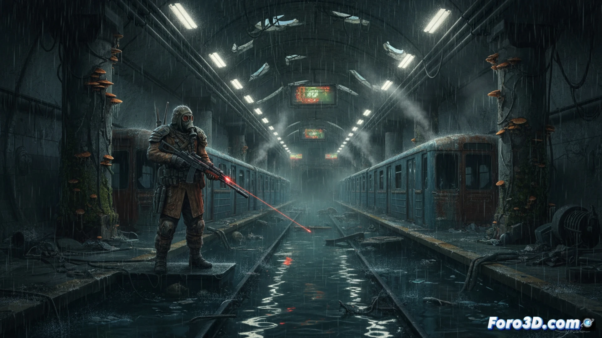 abandoned metro tunnel flooded with perpetual rain, water cascading over rusted rails, a lone gas mask figure aiming a rifle at a mutant silhouette in distant haze, rain droplets illuminated by a flickering overhead lamp, wet concrete walls covered in moss and cracked pipes, steam rising from a broken heating duct, photorealistic cinematic visualization, ultra-detailed wet surfaces, dark green and grey color palette, dramatic side lighting, puddles reflecting dim orange emergency lights, action frozen during a tense standoff, technical post-apocalyptic engineering aesthetic