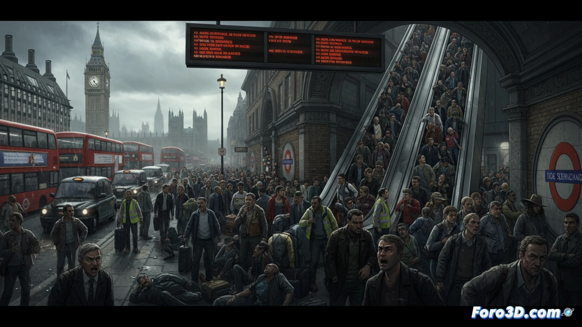 Un andén vacío del Metro de Londres, con carteles de huelga del sindicato RMT y horarios alterados, reflejando el caos por la protesta contra la semana de cuatro días.