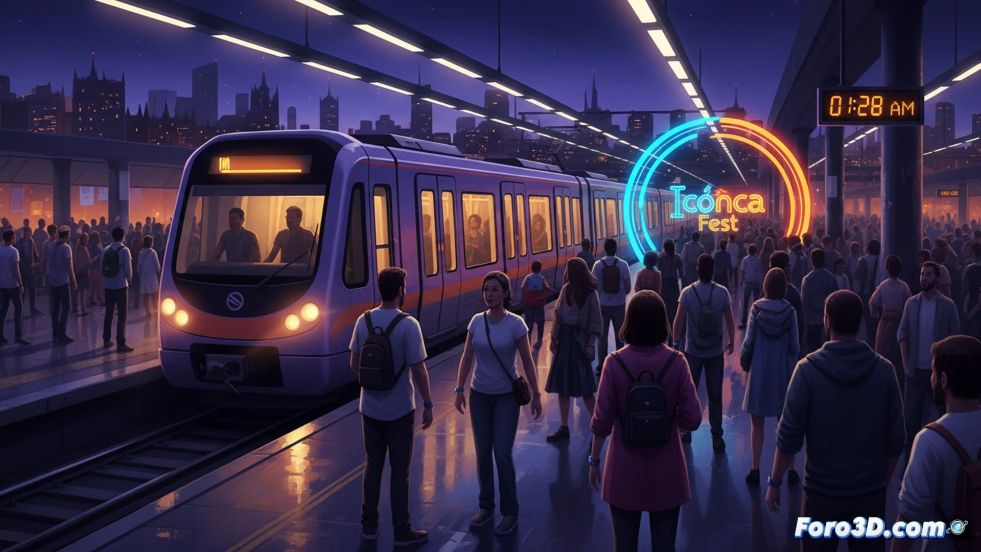 Metro de Sevilla estación nocturna, andén vacío con tren moderno deteniéndose a la 1:30, puertas abriéndose mientras asistentes del festival suben con pulseras y entradas, reloj digital en el andén marcando la hora extendida, mapa de red iluminado mostrando rutas nocturnas, señalética de horario especial con icono de concierto, vagón interior con pasajeros sentados y de pie, ambiente acogedor con luz cálida, estilo cinematográfico fotorrealista, render técnico de ingeniería de transporte, detalles de acero inoxidable y asientos ergonómicos, profundidad de campo suave.