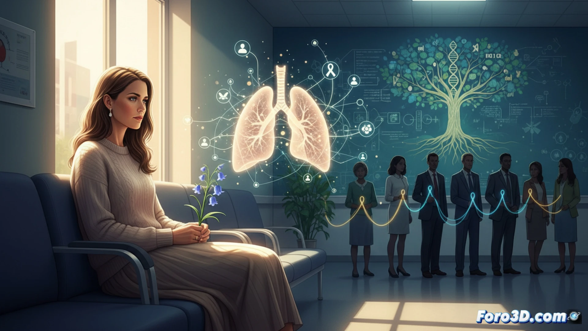 photorealistic cinematic scene of a medical operating room, a pair of human lungs glowing with soft blue light floating above a sterile surgical tray, surgical team in scrubs and masks preparing for transplant procedure, transparent glass organ preservation container in foreground, digital health monitoring screens displaying organ matching data and waiting list statistics, cold surgical lights casting sharp shadows, metallic instruments arranged on blue sterile cloth, emotional tension in the air, hospital environment with high-tech medical equipment, dramatic chiaroscuro lighting, ultra-detailed textures on latex gloves and surgical tools, realistic clinical atmosphere, technical medical visualization