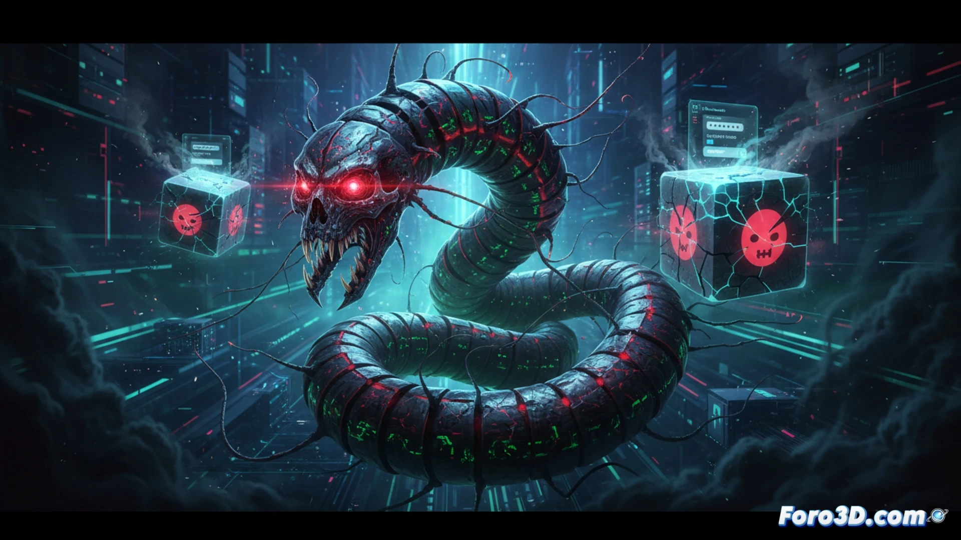 cinematic technical illustration of a digital supply chain attack, Red Hat package repository interface showing infected software packages spreading like glowing green miasma tendrils, worm-shaped code burrowing through network cables and server racks, credential data streams being siphoned from user terminals into dark encrypted tunnels, compromised package manager console with warning alerts flashing, security firewall being bypassed by malicious code, holographic lock icons shattering, photorealistic engineering visualization, dramatic red and black cyberpunk lighting, particle effects representing stolen data, ultra-detailed server hardware and network infrastructure