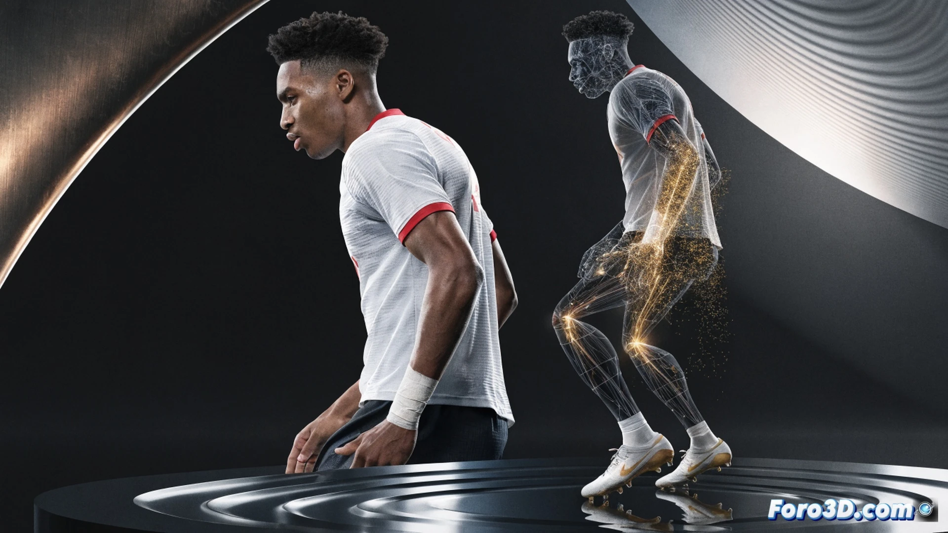 left-footed winger Michael Olise dribbling at slow pace, ball controlled with inside of left boot, defender frozen mid-step off balance, green pitch with tactical grid overlay, glowing blue trajectory lines from foot to far corner of goal, biomechanical skeleton wireframe showing hip rotation and ankle angle, 3D heatmap of pitch zones behind him, technical illustration style, photorealistic skin texture, cinematic stadium lighting, deep shadows, high contrast, ultra-detailed boots and grass blades