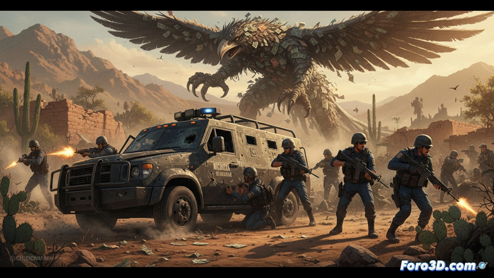 cinematic photorealistic scene of a bullet-riddled police patrol truck abandoned on a dusty Michoacán road at dusk, shattered windshield reflecting dim emergency lights, empty shell casings scattered on asphalt, officers in tactical gear taking cover behind the vehicle while scanning a dark mountainous horizon, radio equipment sparking inside the cabin, cracked computer terminal showing a failed dispatch signal, hazy gunpowder smoke drifting, dramatic low-angle lighting, ultra-detailed vehicle damage and tactical gear textures, somber industrial atmosphere