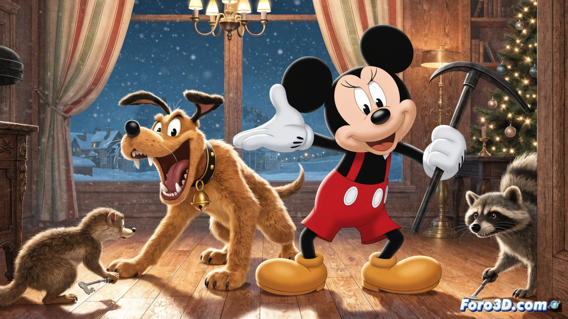 animated living room chaos, Mickey Mouse holding a soldering iron while Pluto barks at a raccoon tangled in ethernet cables, a weasel slipping on spilled thermal paste near a desktop computer tower, glowing LED strips on the floor, festive string lights hanging from a ceiling fan, cinematic cartoon style, bright holiday colors mixed with dark shadows, motion blur on raccoon’s paws, detailed fur textures, technical gadgets scattered on a coffee table, photorealistic 3D render
