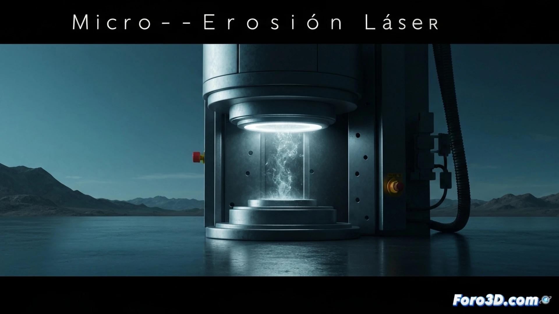 microscopic laser ablation process on precision metal surface, focused laser beam emitting intense blue-white pulses vaporizing material at micron scale, glowing molten particles ejected from crater during ultra-precise machining, industrial robotic arm positioning optical head over complex mold cavity, CNC control panel with waveform display in background, metallic debris illuminated by laser flash, extreme close-up showing layer-by-layer material removal, dust particles suspended in air under dramatic spotlight, engineering visualization style, ultra-realistic metallic textures, shallow depth of field highlighting laser spot, cinematic industrial lighting with cool blue tones, photorealistic technical illustration