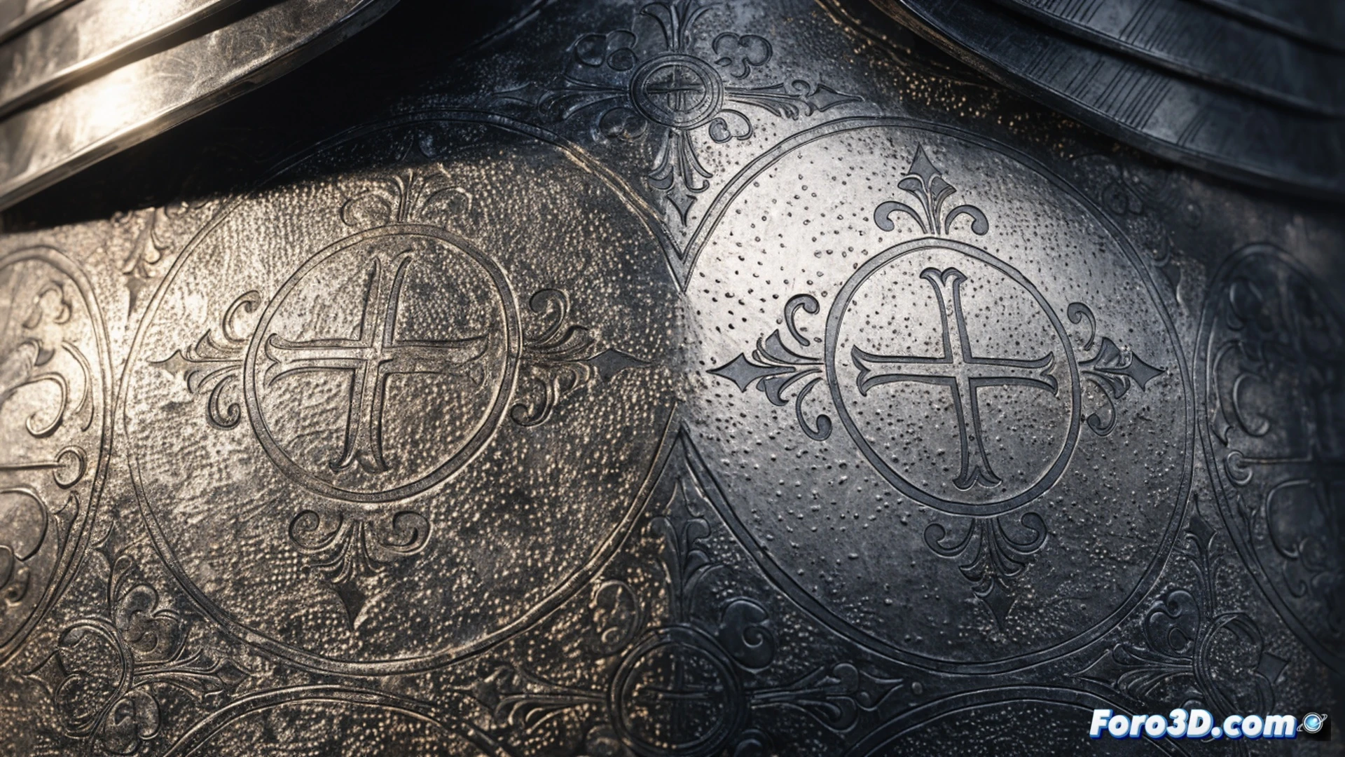 close-up macro shot of medieval steel armor breastplate surface, forensic lighting revealing artificial micro-relief patterns, a 3D scanner arm hovering over the metal while a gloved hand adjusts the probe, computer monitor in background displaying wireframe mesh with highlighted anomalies, red laser grid projecting onto the forged steel texture, fine chisel marks and fake hammer dents contrasting with original oxidation, photorealistic technical illustration, ultra-detailed metal grain and patina, dramatic side lighting emphasizing surface topography, cinematic forensic investigation style