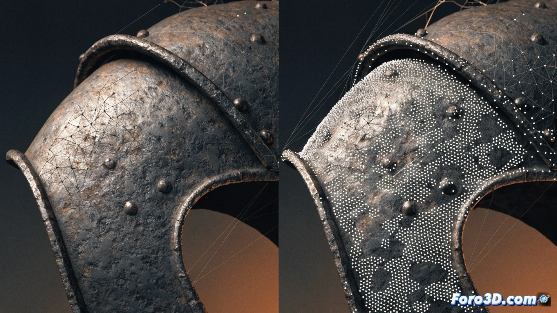 ancient combat helmet with polished surface being scanned by blue laser triangulation system, microscopic metal particles scattering from controlled abrasive blasting nozzle aimed at helmet s brow ridge, high-precision 3D scanner arm hovering over the piece, computer monitor displaying false micro-relief topography with highlighted irregularities, forensic analysis tools on workbench, cinematic technical illustration, dramatic side lighting on metallic surfaces, ultra-detailed engineering visualization, photorealistic industrial lab setting