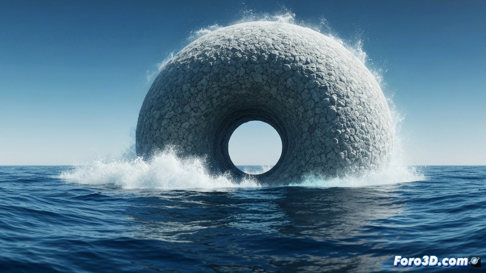 Microscopic black hole descending through deep ocean water, perfect spherical vortex forming around an atomic-sized point, surrounding water molecules being torn apart into glowing steam trails, extreme gravitational lensing distorting light into concentric rings, deep blue water transitioning to white-hot plasma at the core, seafloor sediment lifting upward in spiral patterns, technical scientific visualization style, cinematic underwater lighting with bioluminescent particles, hyper-realistic fluid dynamics simulation, dark abyssal background, ultra-detailed water distortion effects, photorealistic astrophysics illustration